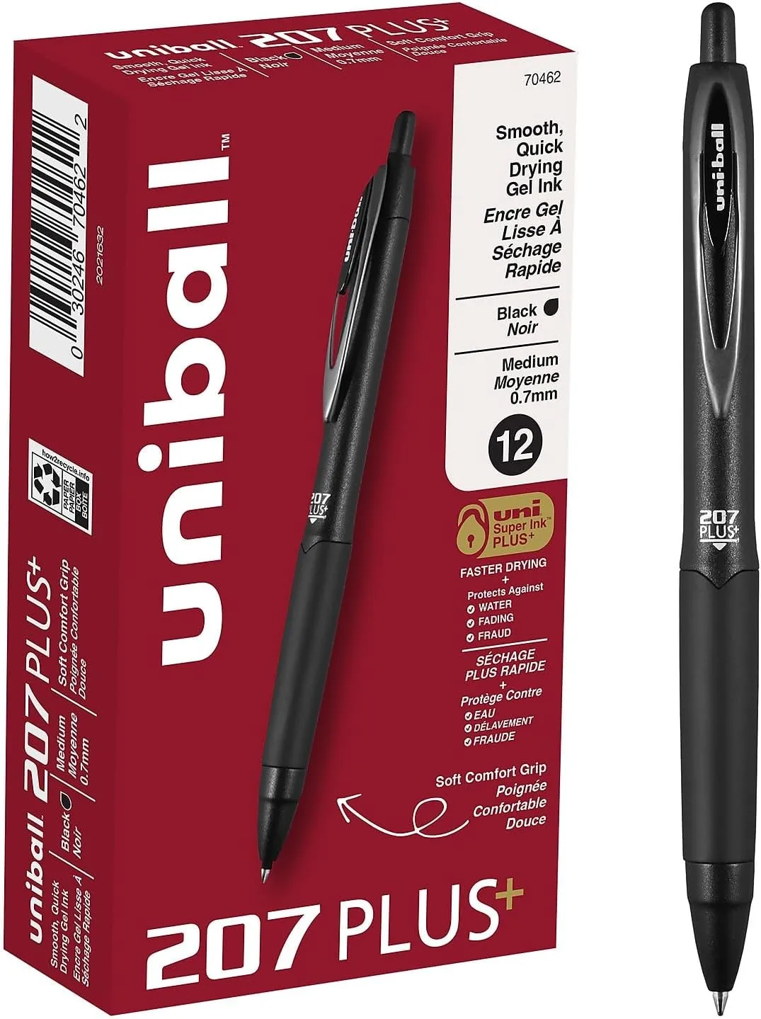 uni-ball 207 Plus+ Gel Pen - 0.7 mm Medium - Retractable - Black - Dozen