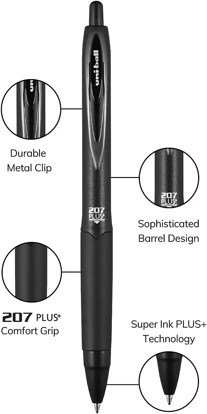 uni-ball 207 Plus+ Gel Pen - 0.7 mm Medium - Retractable - Black - Dozen