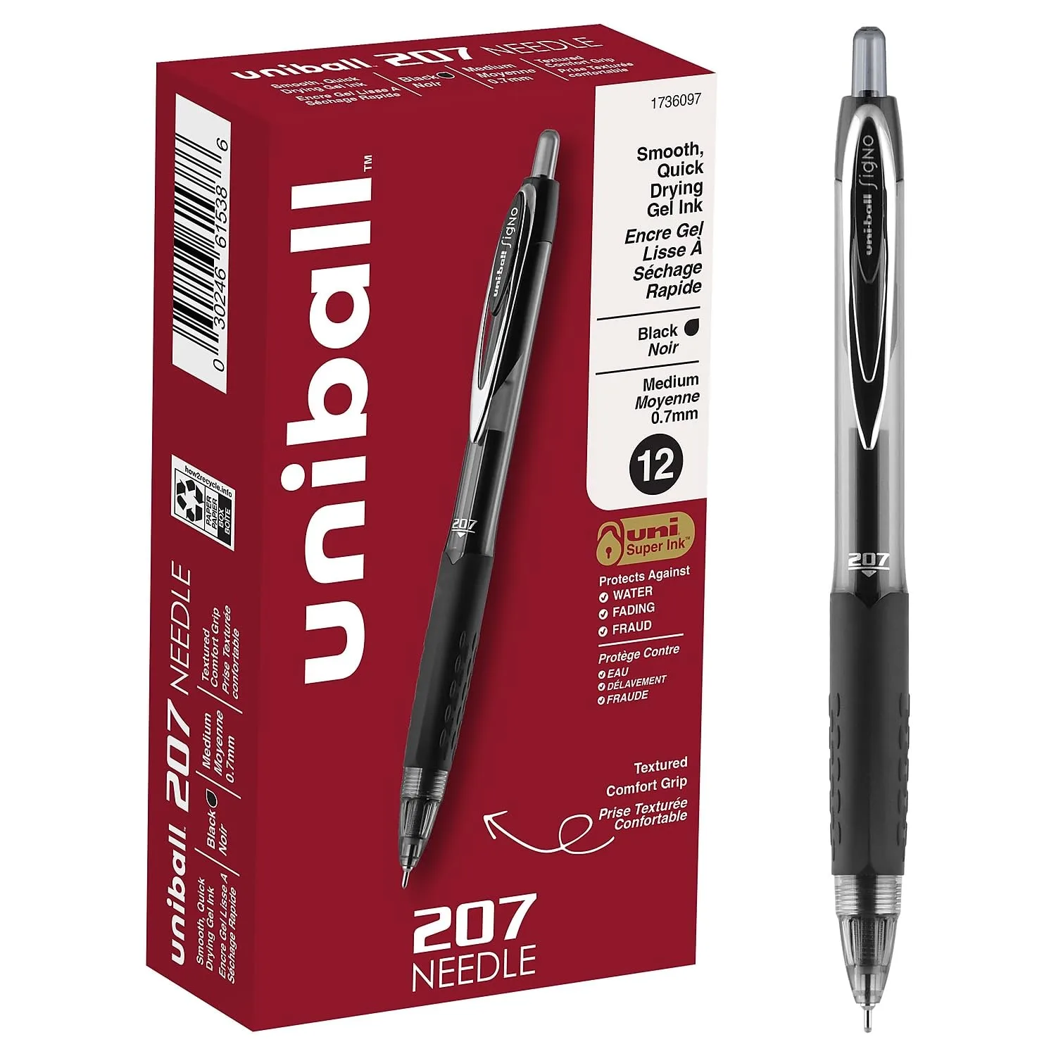 uni-ball 207 Retractable Gel Pens, 0.7 mm Needle Point, Pack of 12