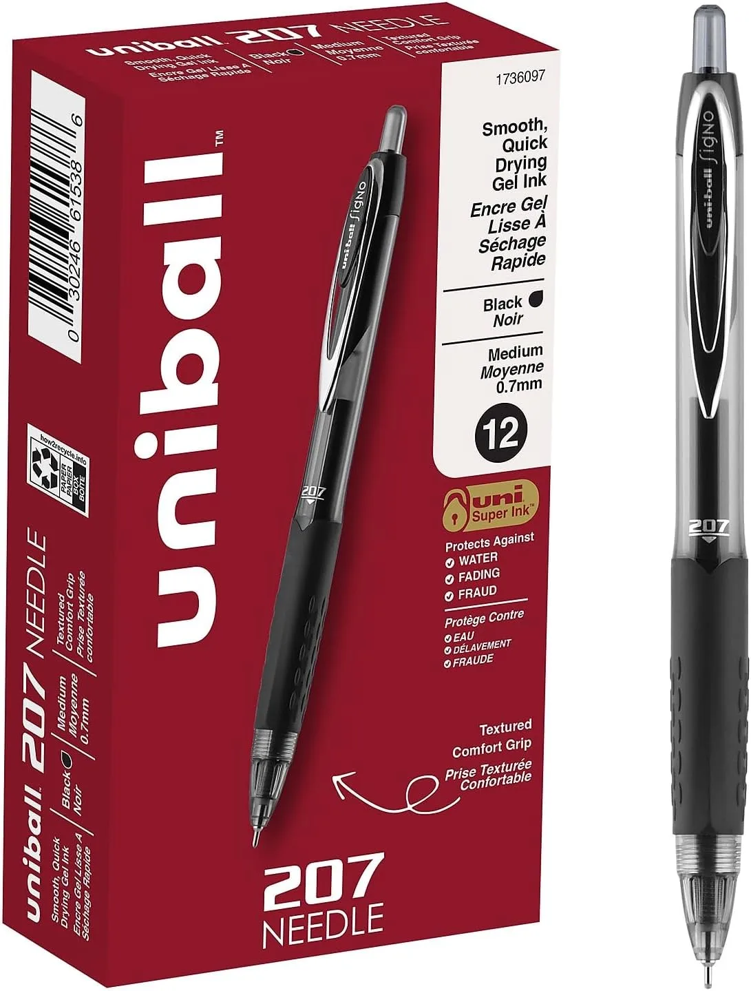 uni-ball 207 Retractable Gel Pens, 0.7 mm Needle Point, Pack of 12