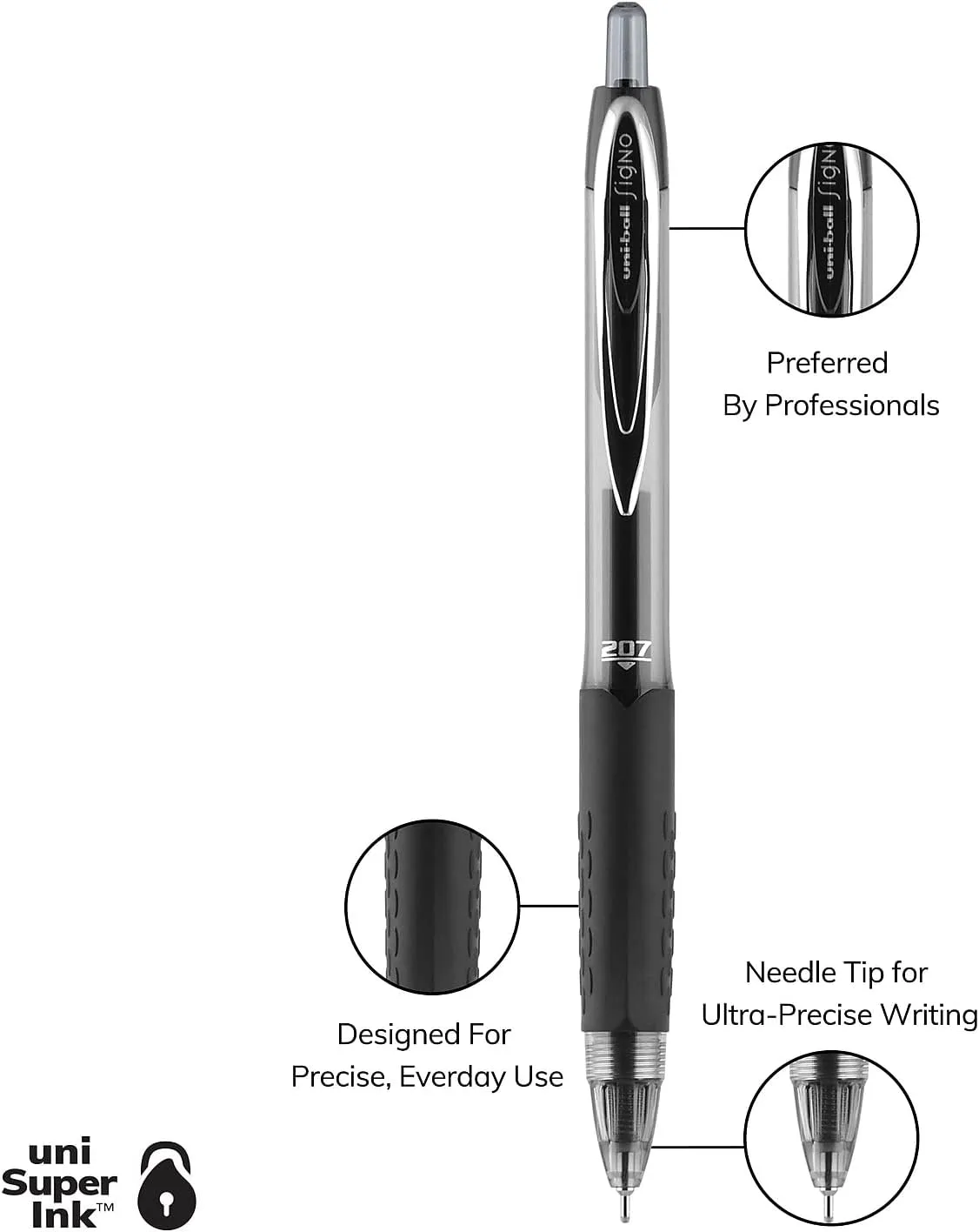 uni-ball 207 Retractable Gel Pens, 0.7 mm Needle Point, Pack of 12