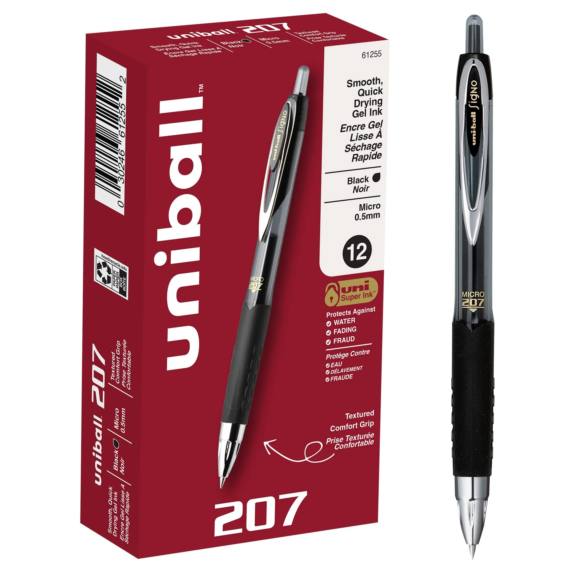 uni-ball® 207™ Retractable Fraud Prevention Gel Pens, Micro Point, 0.5 mm, Black Barrels, Black Ink, Pack Of 12 Black 1 Count (Pack of 12)