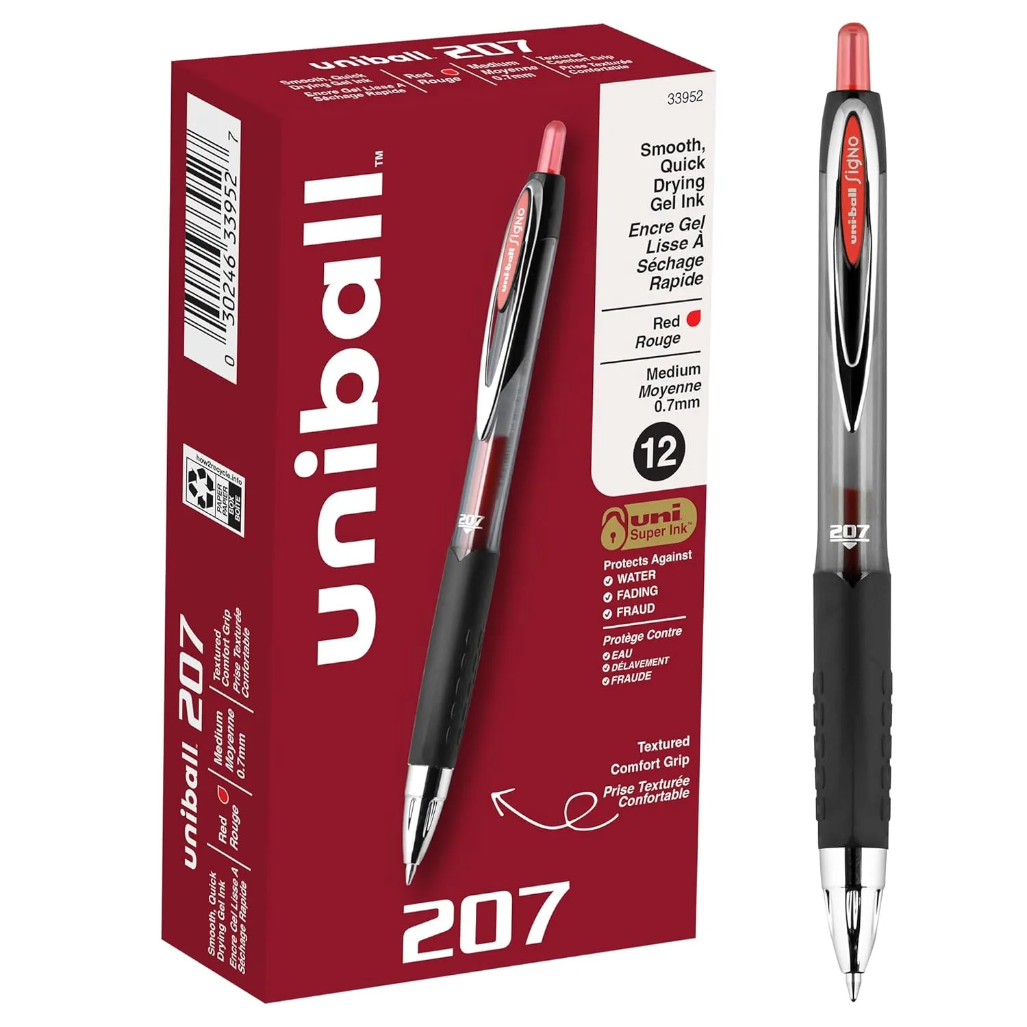 uni-ball® 207™ Retractable Fraud Prevention Gel Pens, Medium Point, 0.7 mm, Black Barrels, Red Ink, Pack Of 12