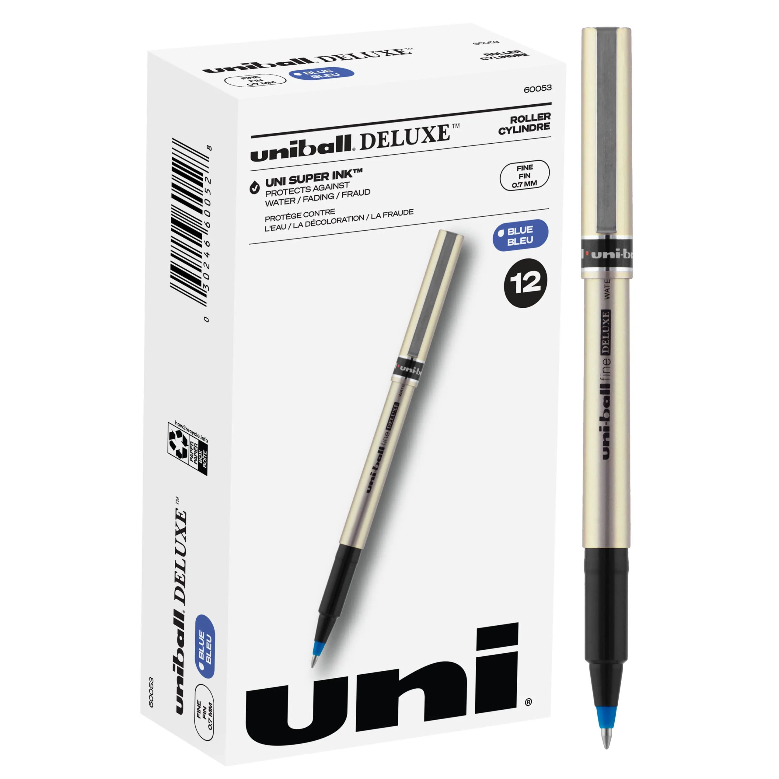 Uni-ball Deluxe Rollerball Pen, 12 Blue 0.7mm, Smooth Writing, Waterproof Ink, Fine Point, Office Supplies