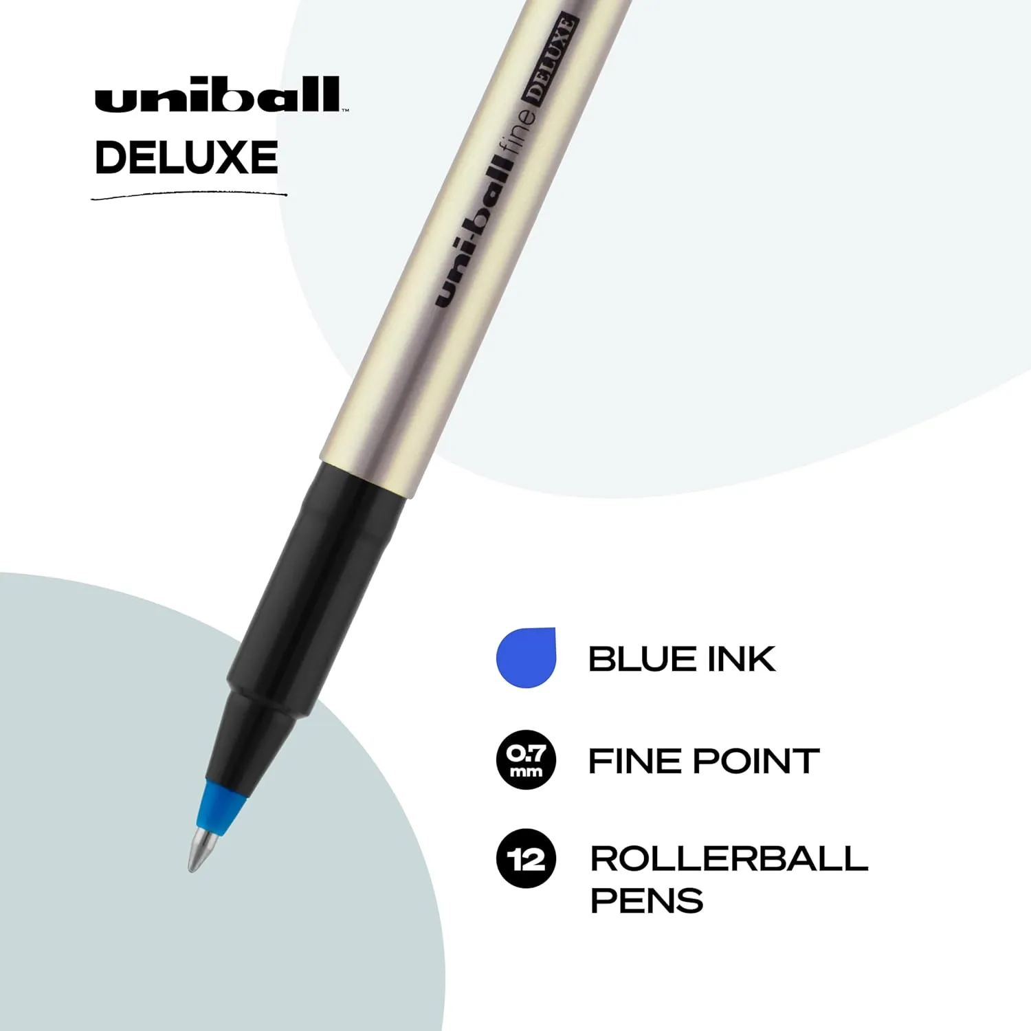 Uni-ball Deluxe Rollerball Pen, 12 Blue 0.7mm, Smooth Writing, Waterproof Ink, Fine Point, Office Supplies