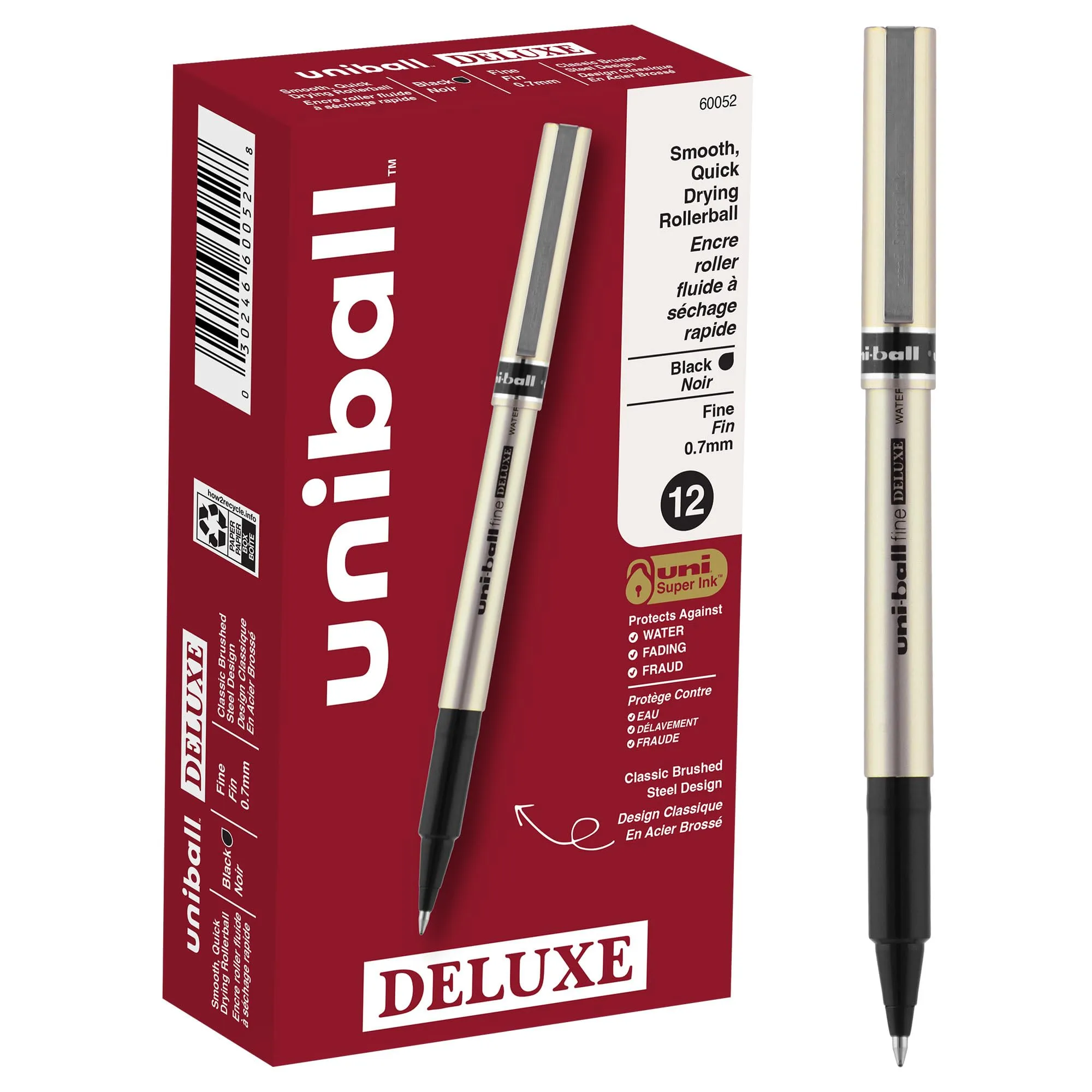 Uni-ball Deluxe Rollerball Pens, Fine Point (0.7mm), Black, 12 Count