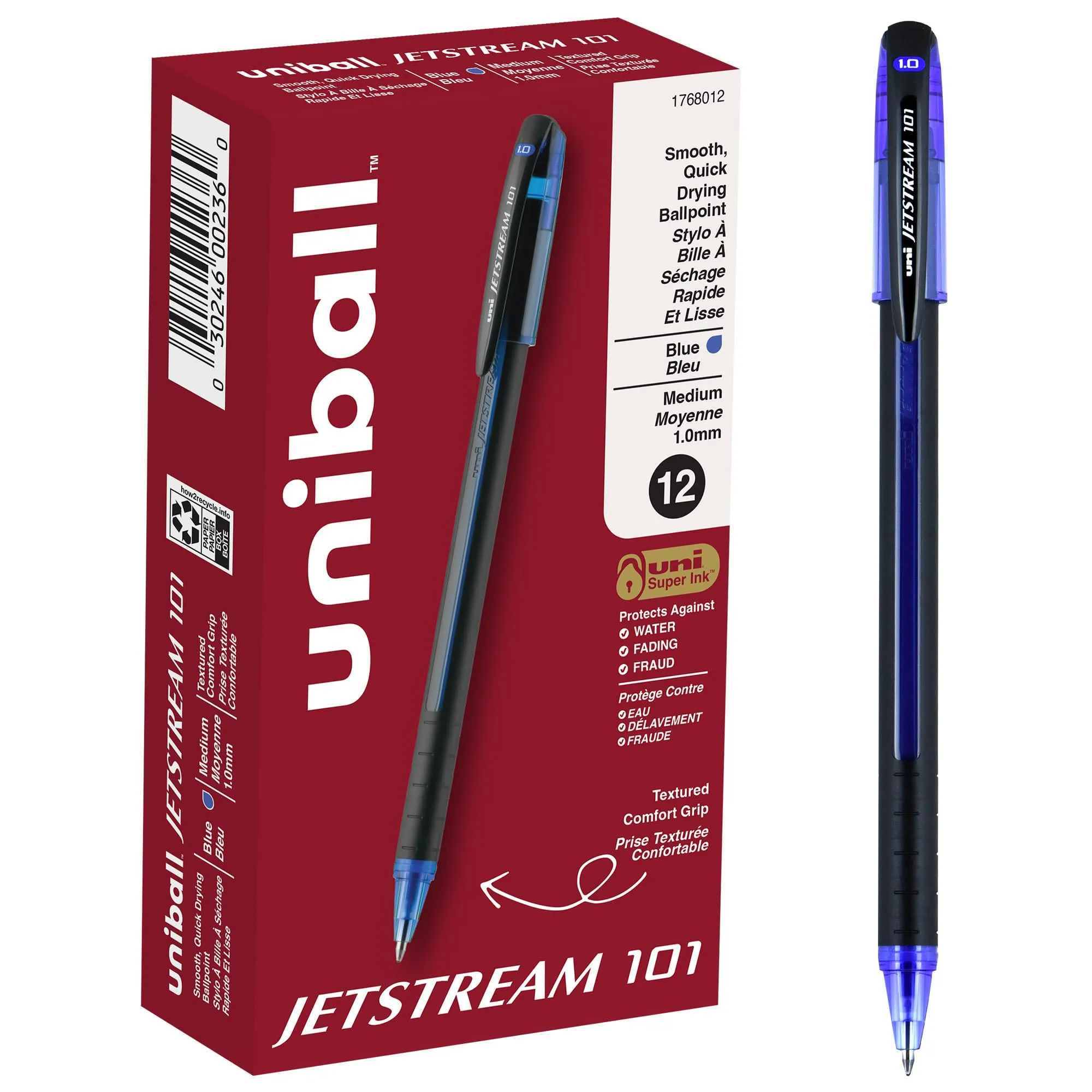 Uni-Ball Jetstream 101 Ballpoint Pens, 1.0 mm, Blue Ink, 12 Pack