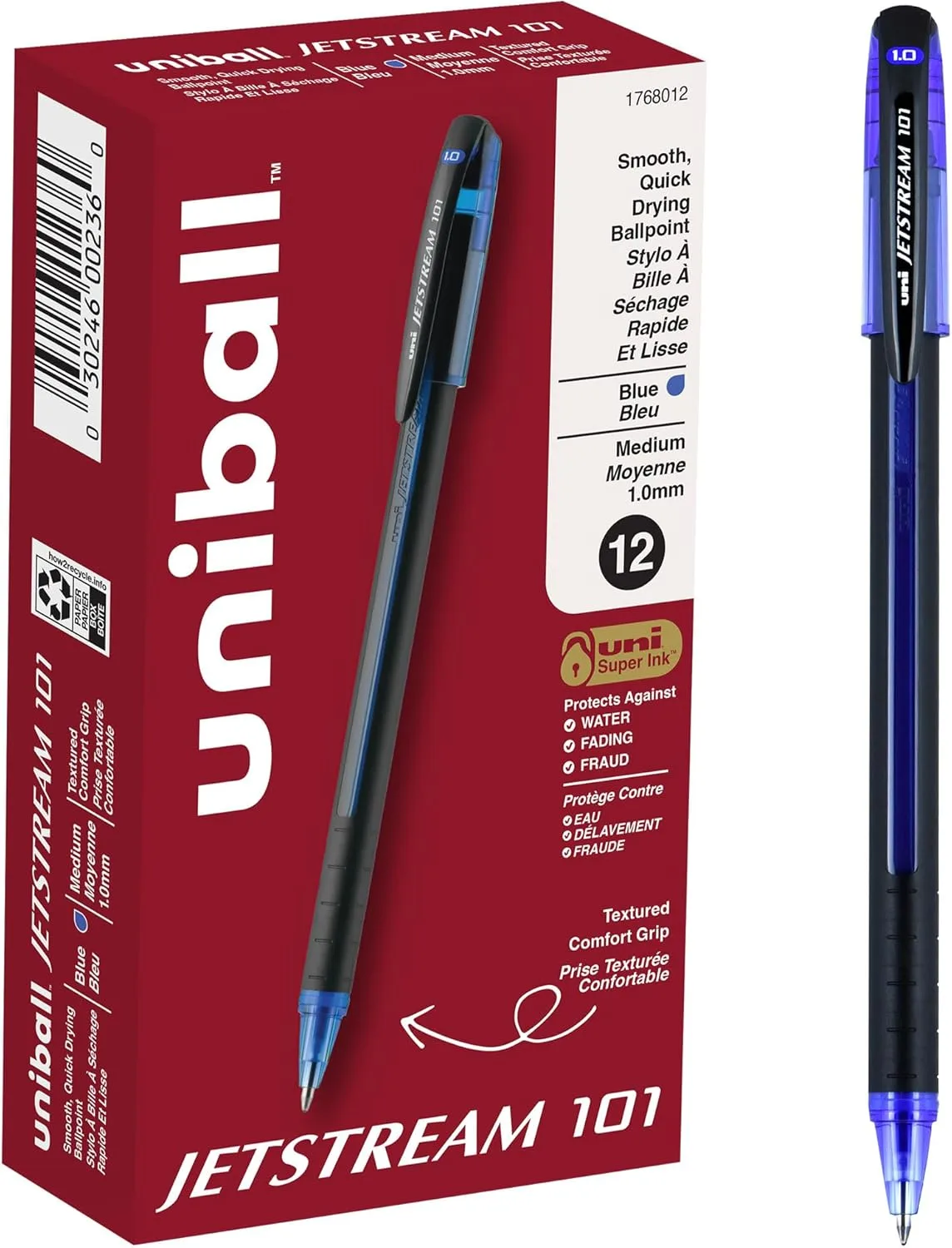 Uni-Ball Jetstream 101 Ballpoint Pens, 1.0 mm, Blue Ink, 12 Pack