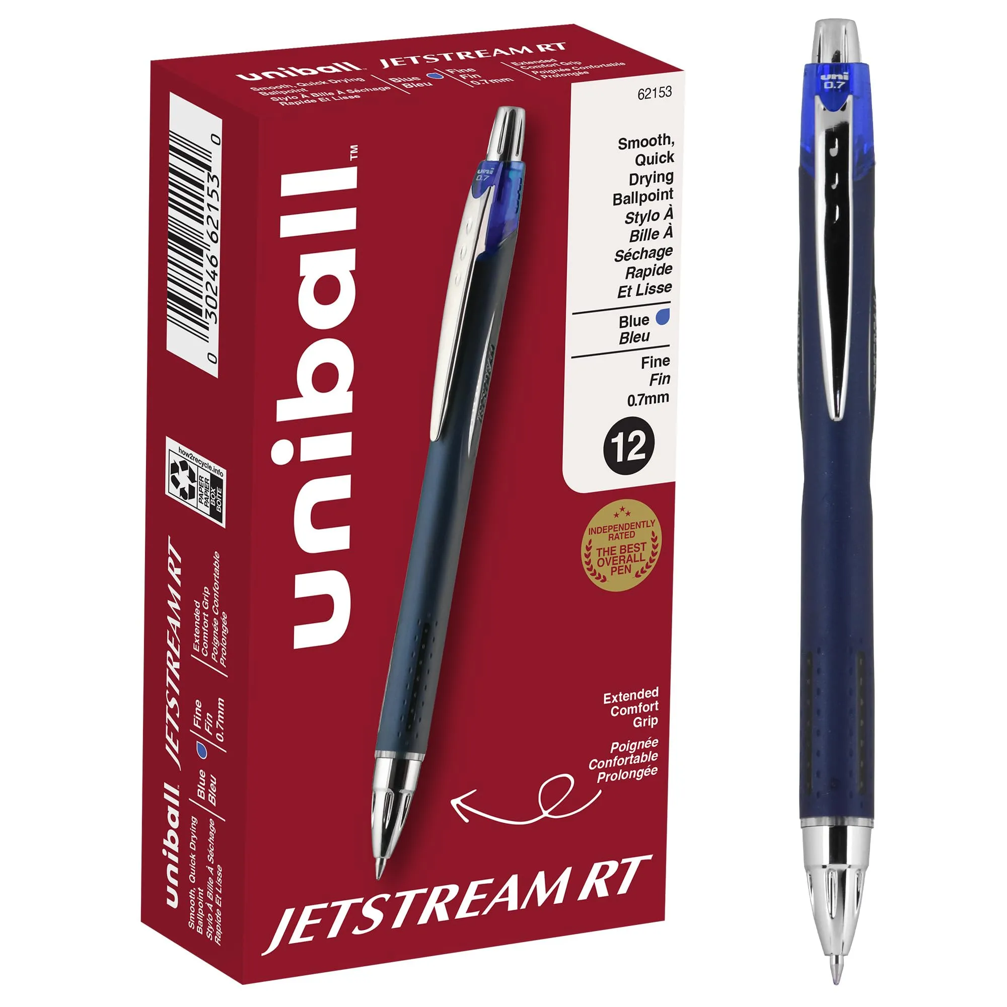 Uni-ball Jetstream RT Retractable Ballpoint Pens, Fine Point, 0.7 mm, Blue Ink, Pack of 12