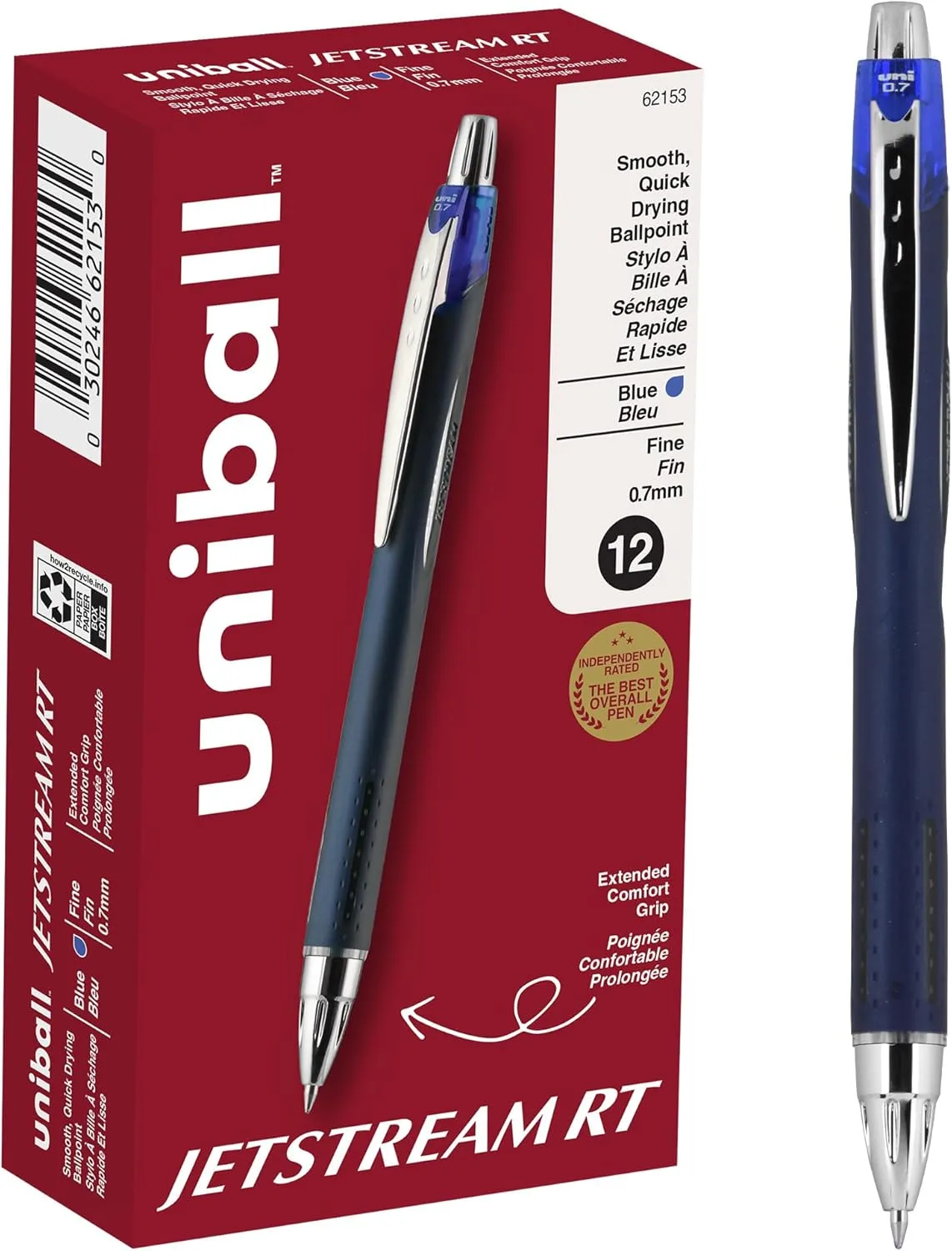 Uni-ball Jetstream RT Retractable Ballpoint Pens, Fine Point, 0.7 mm, Blue Ink, Pack of 12