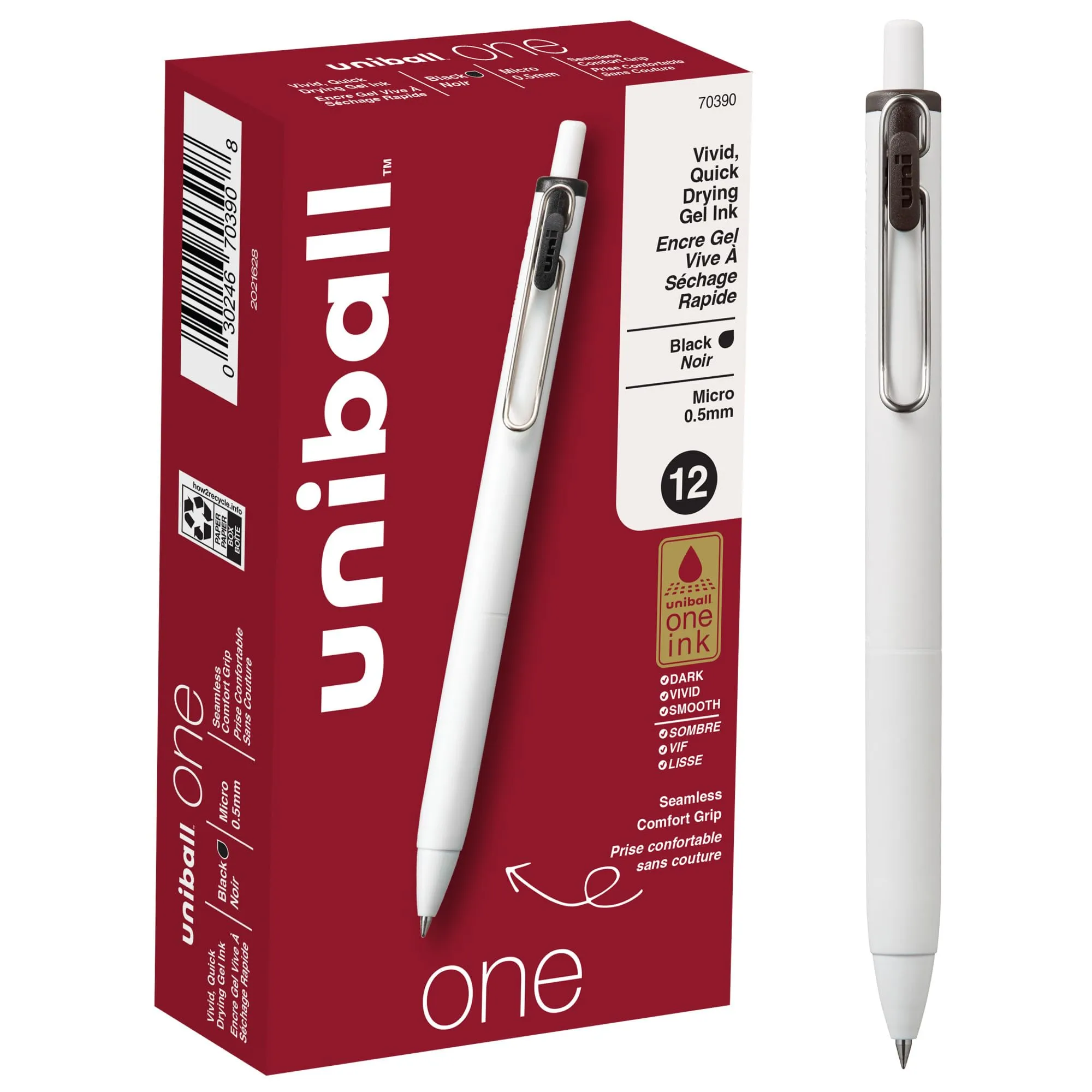 UNI-BALL One Retractable Gel Pens, Micro Point, White Barrel