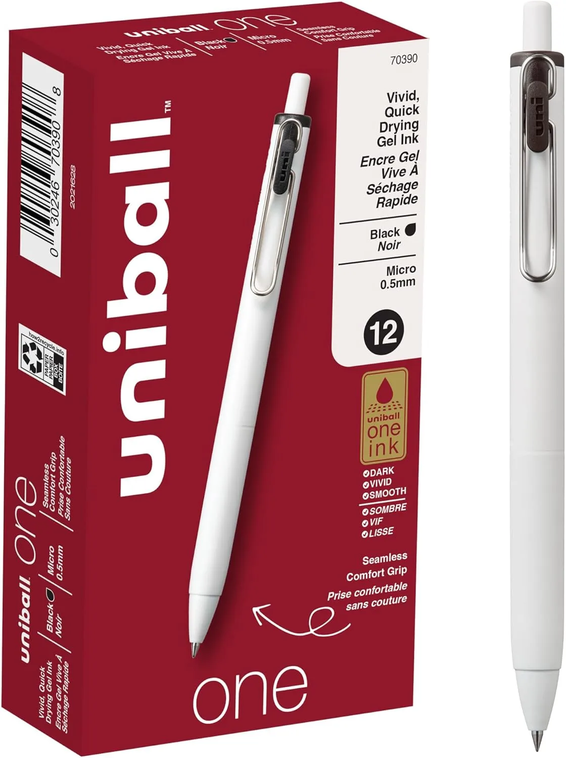 UNI-BALL One Retractable Gel Pens, Micro Point, White Barrel