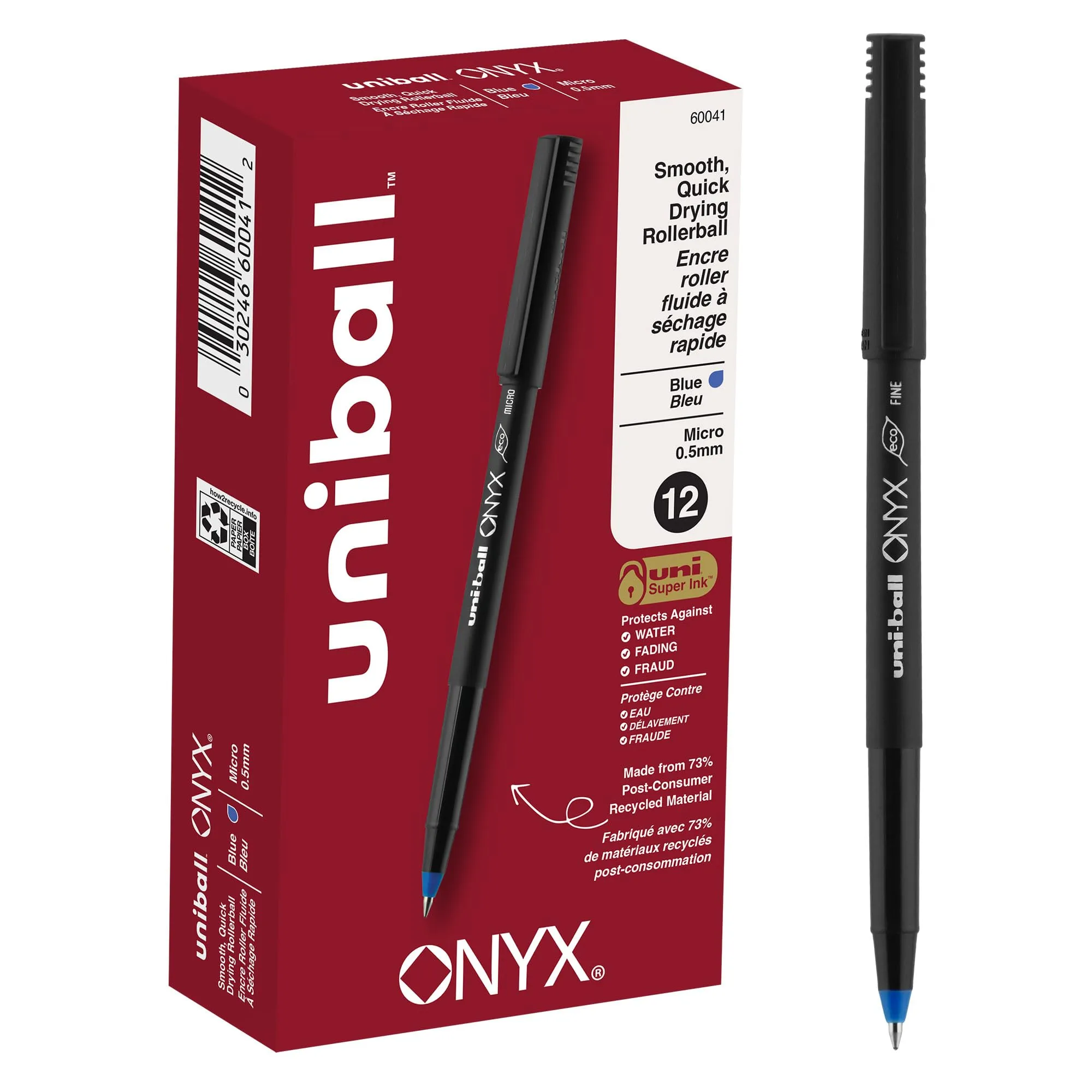 Uni-Ball Onyx Rollerball Pens, 0.5 mm Micro, Blue Ink, Black Barrel - Pack of 12