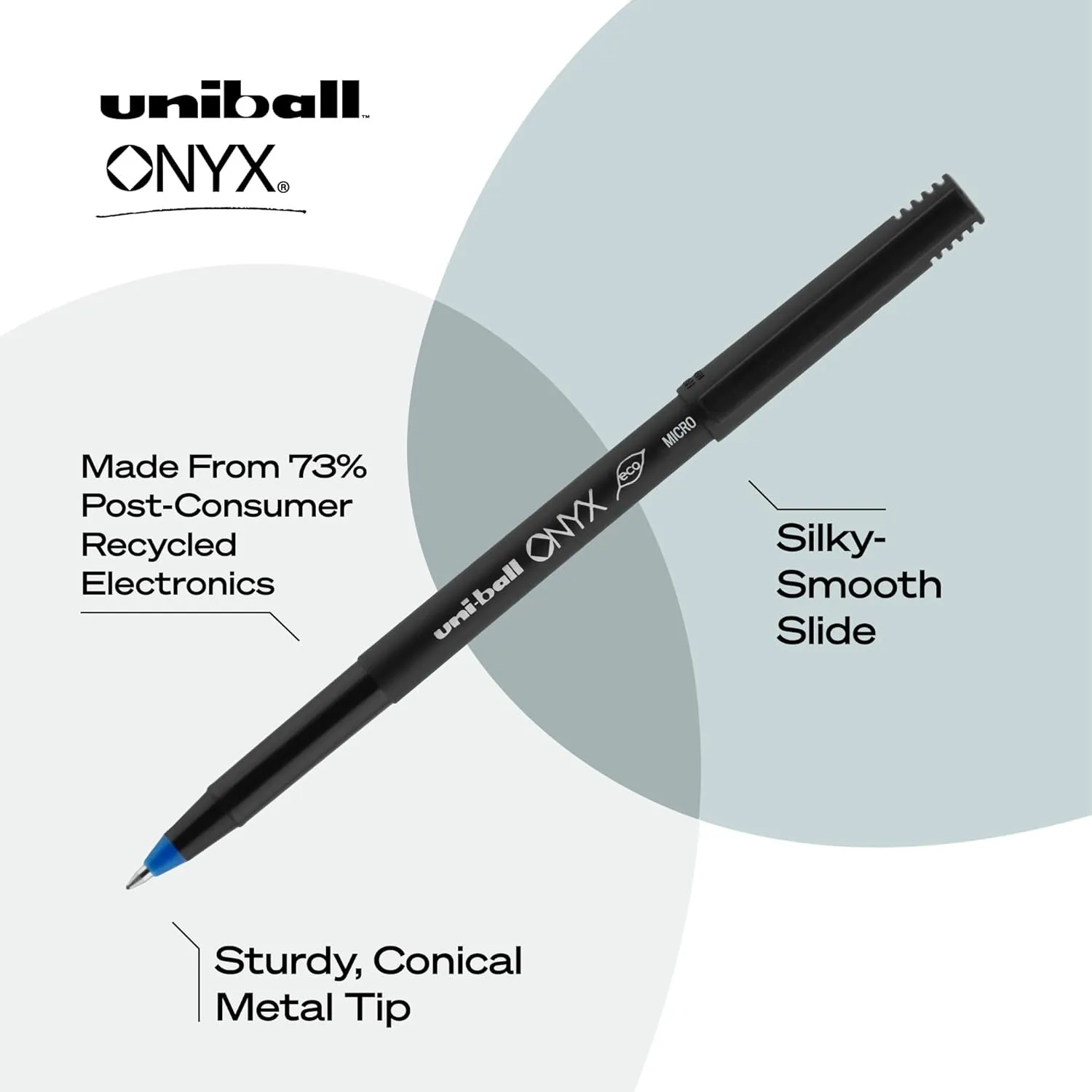Uni-Ball Onyx Rollerball Pens, 0.5 mm Micro, Blue Ink, Black Barrel - Pack of 12