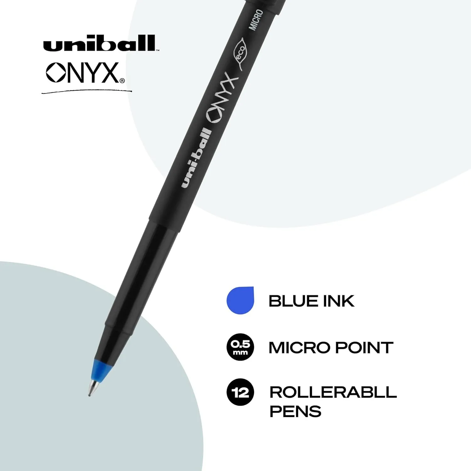 Uni-Ball Onyx Rollerball Pens, 0.5 mm Micro, Blue Ink, Black Barrel - Pack of 12