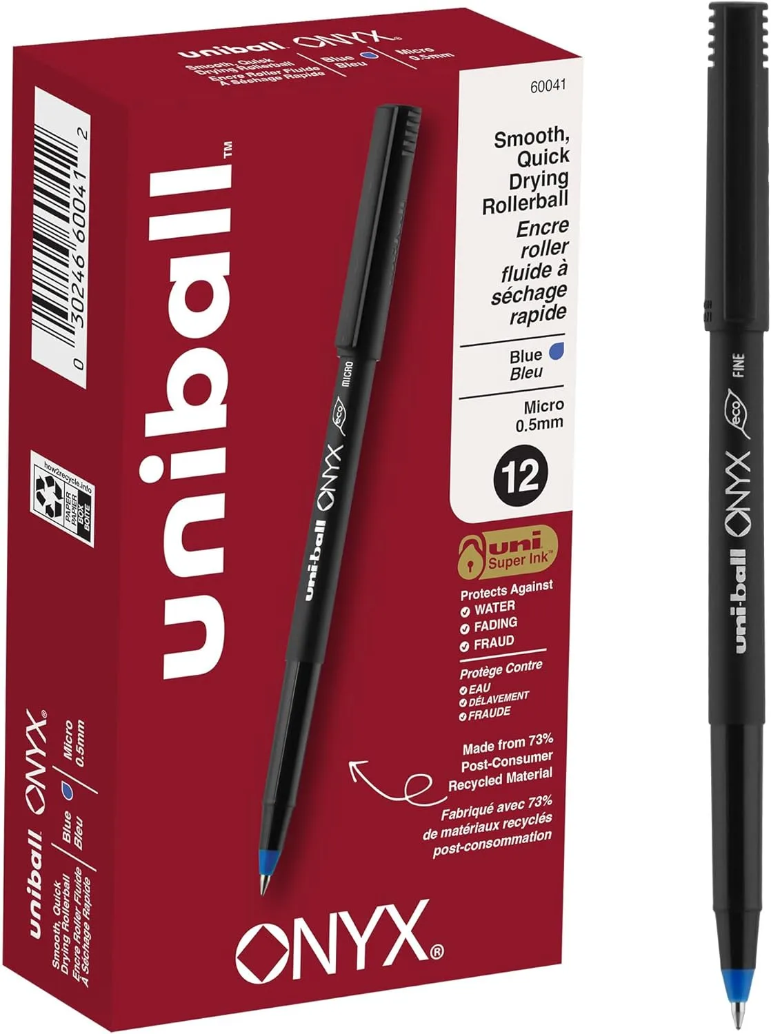 Uni-Ball Onyx Rollerball Pens, 0.5 mm Micro, Blue Ink, Black Barrel - Pack of 12