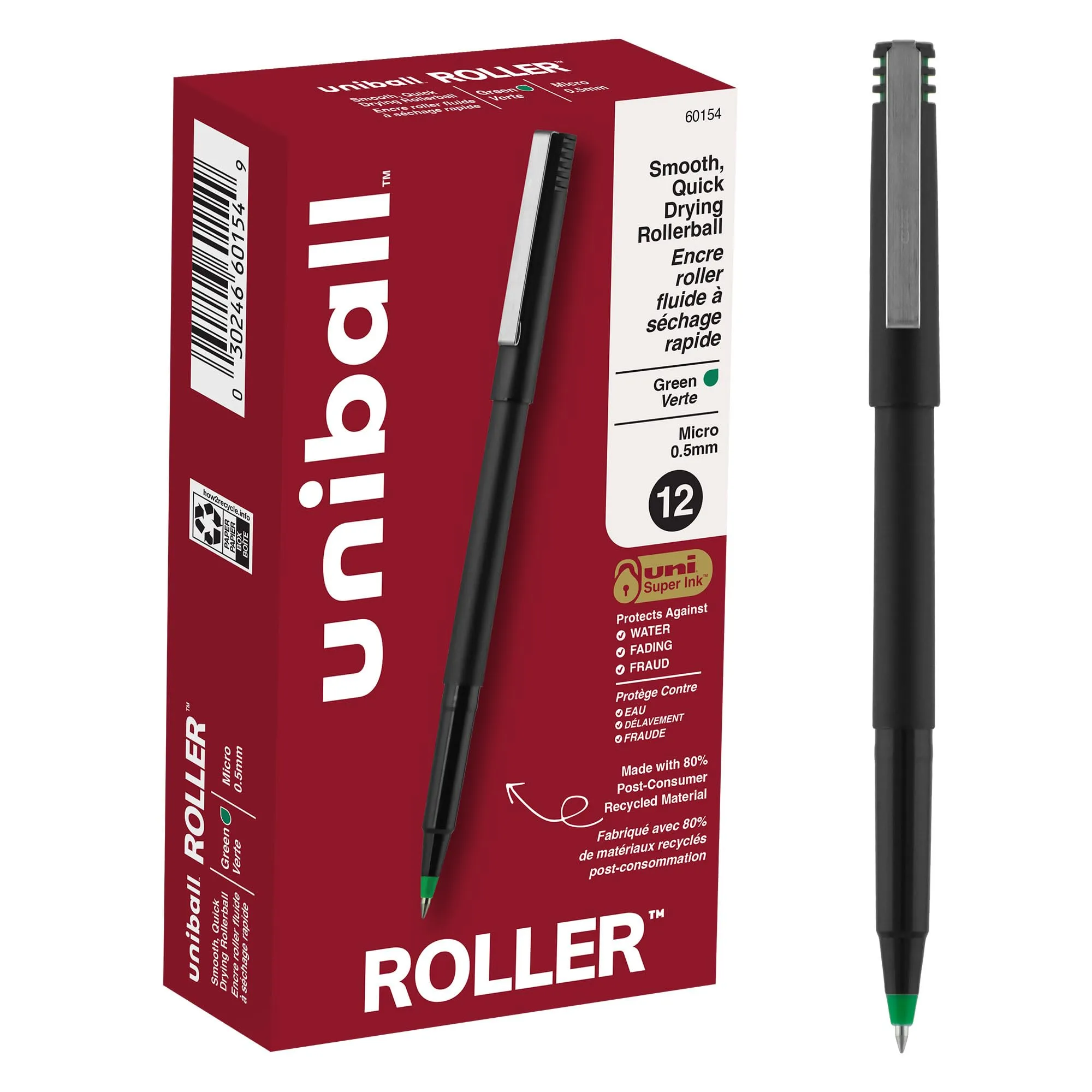 uniball Roller Ball Pen, Stick, Micro 0.5 mm, Green Ink, Black Matte Barrel, Dozen 12