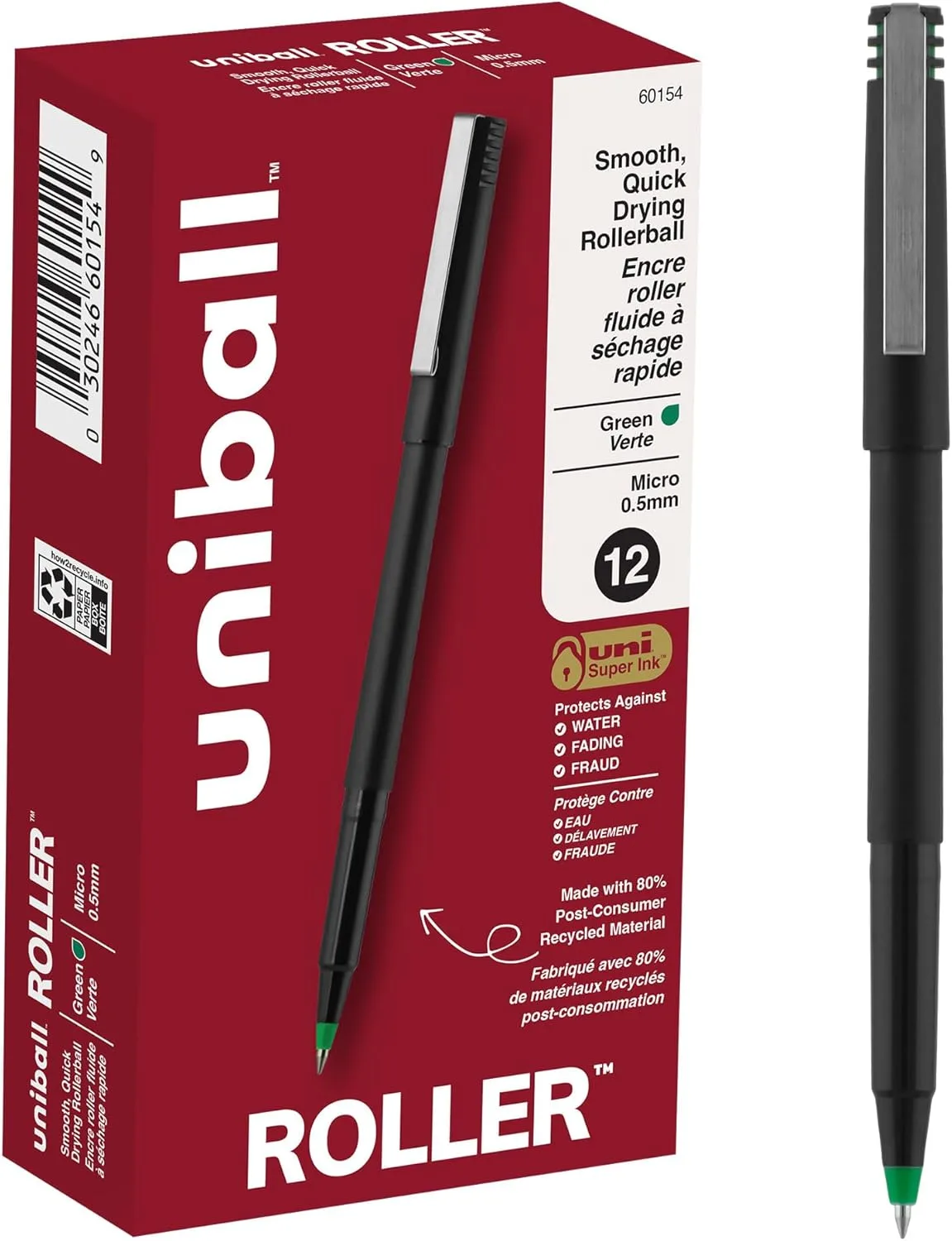 uniball Roller Ball Pen, Stick, Micro 0.5 mm, Green Ink, Black Matte Barrel, Dozen 12