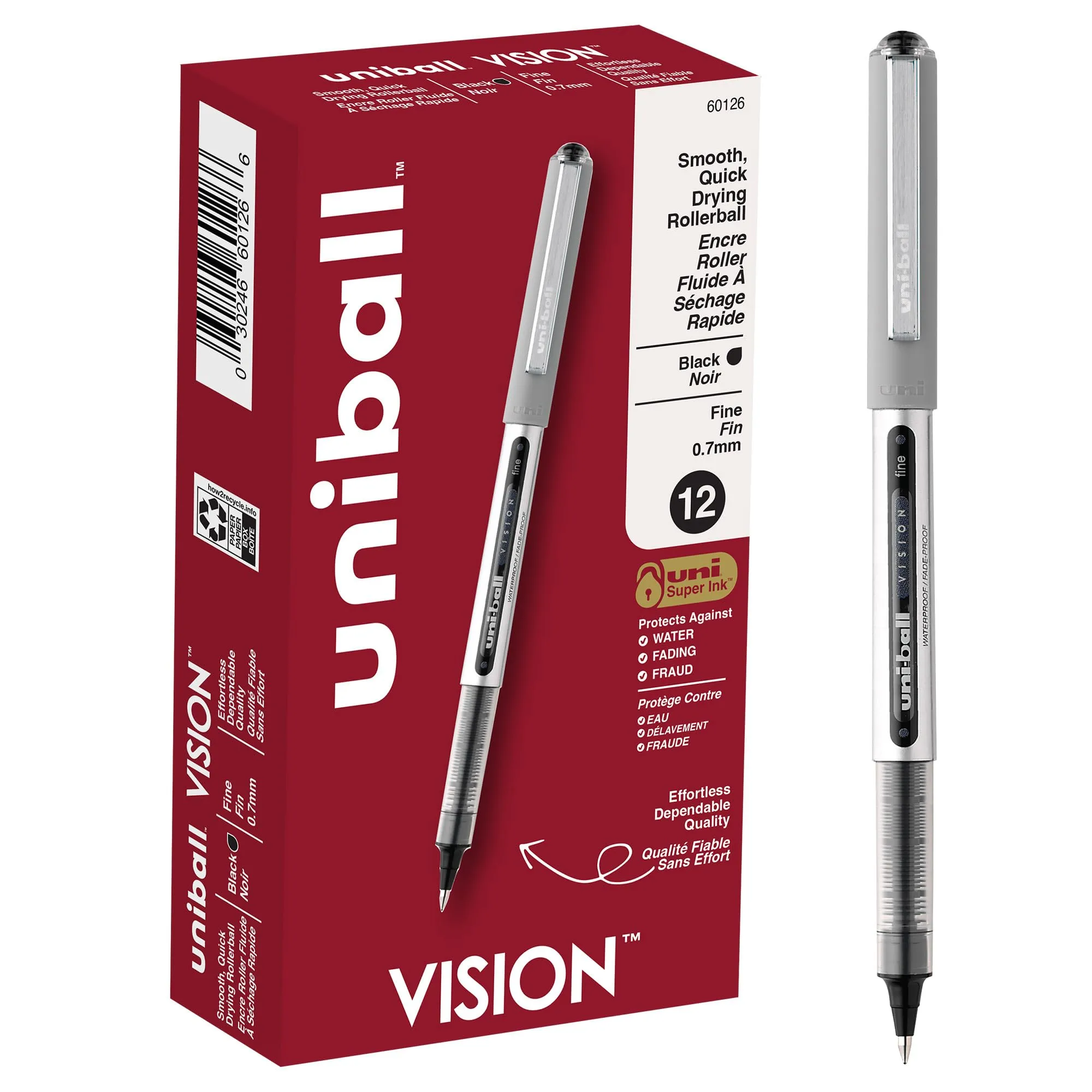 uni-ball Vision Rollerball Pens, 0.7 mm, Fine Point, Gray Barrel, Black Ink, Pack Of 12