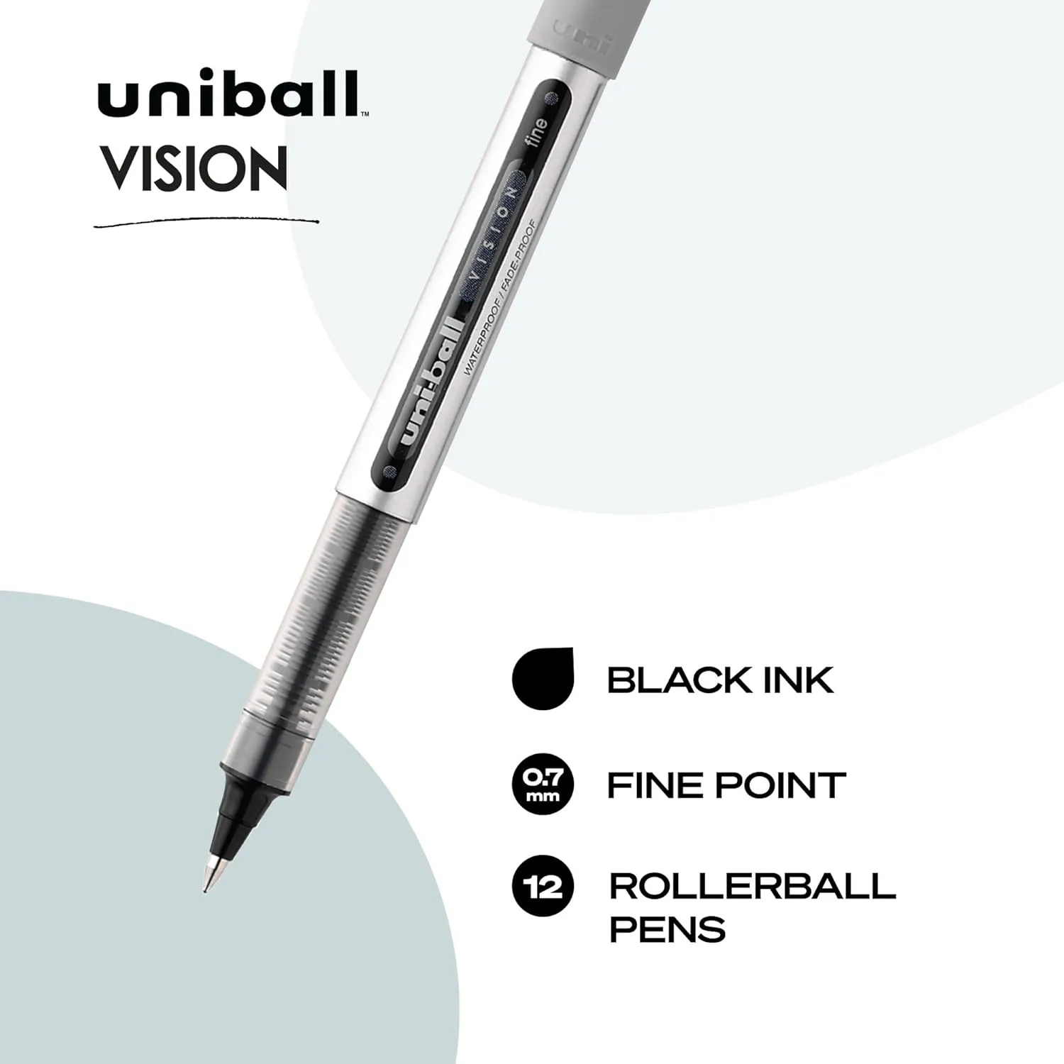 uni-ball Vision Rollerball Pens, 0.7 mm, Fine Point, Gray Barrel, Black Ink, Pack Of 12
