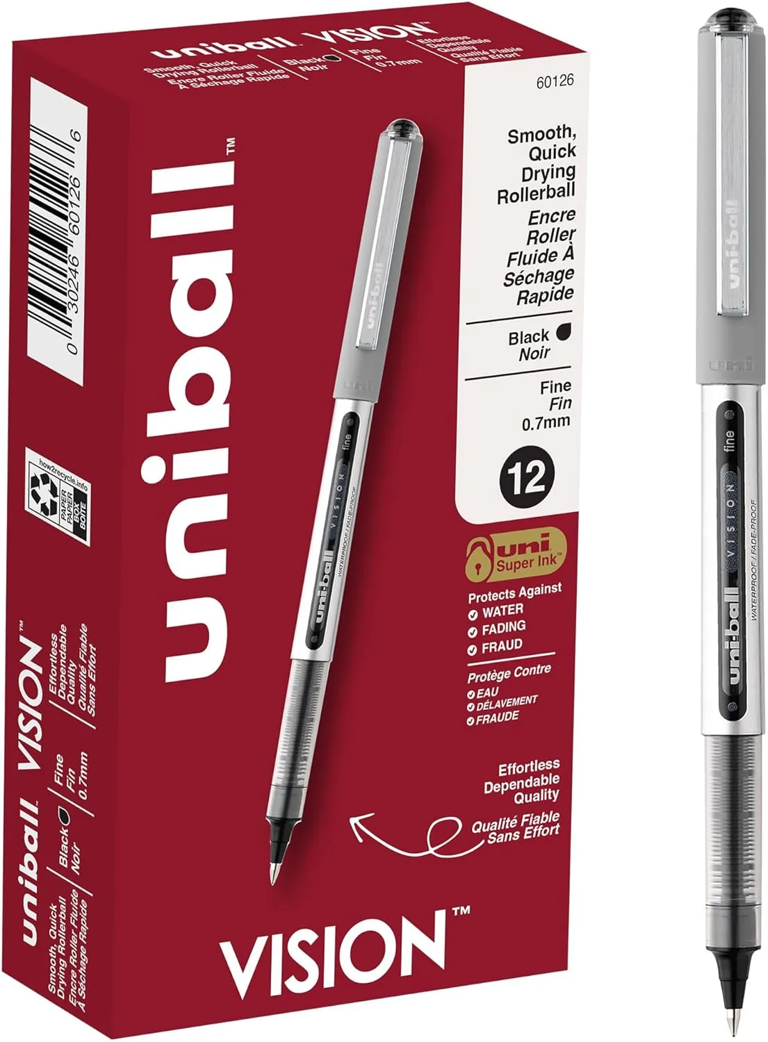 uni-ball Vision Rollerball Pens, 0.7 mm, Fine Point, Gray Barrel, Black Ink, Pack Of 12