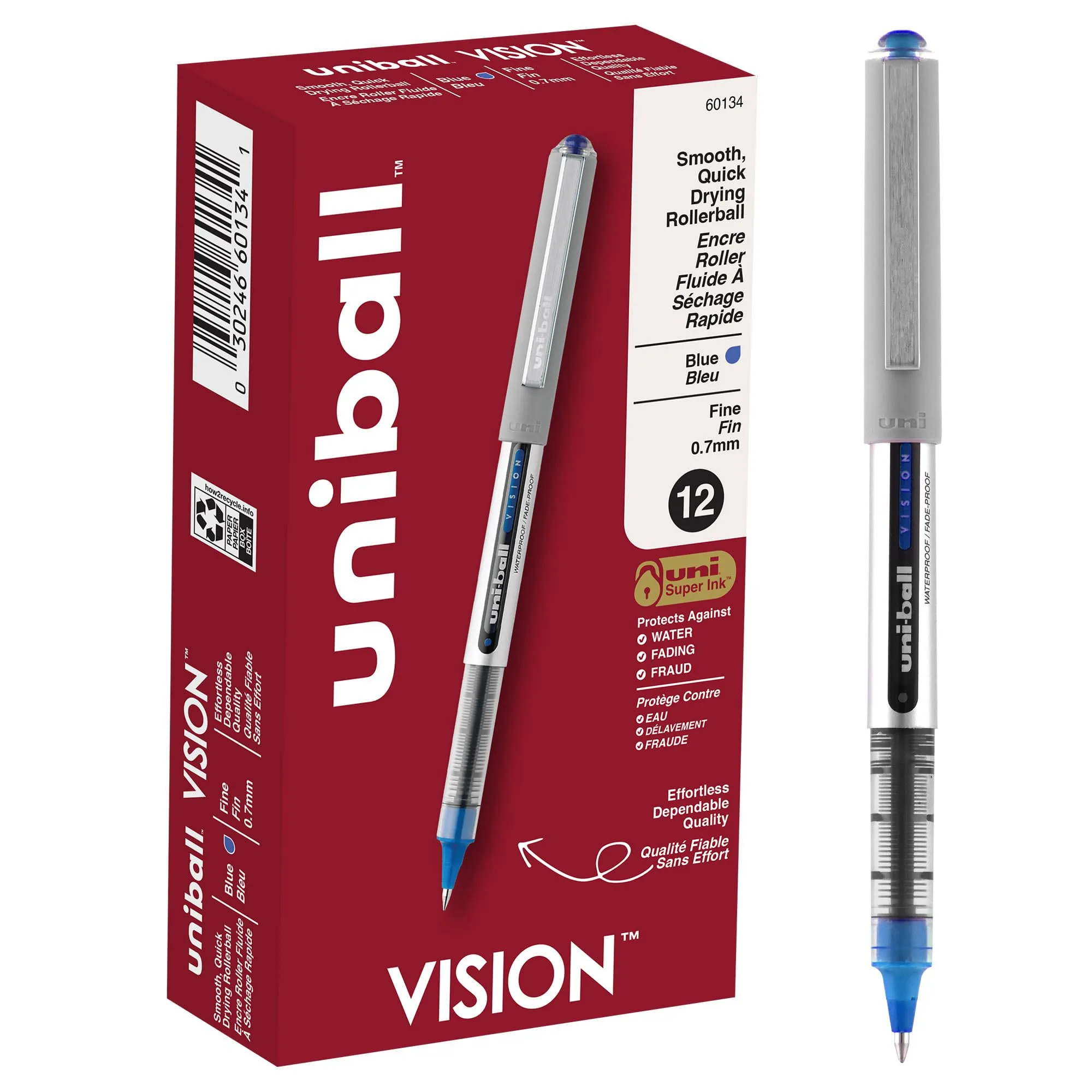 uni-ball Vision Rollerball Pens with 0.7mm Fine Point, Blue, 12 Count