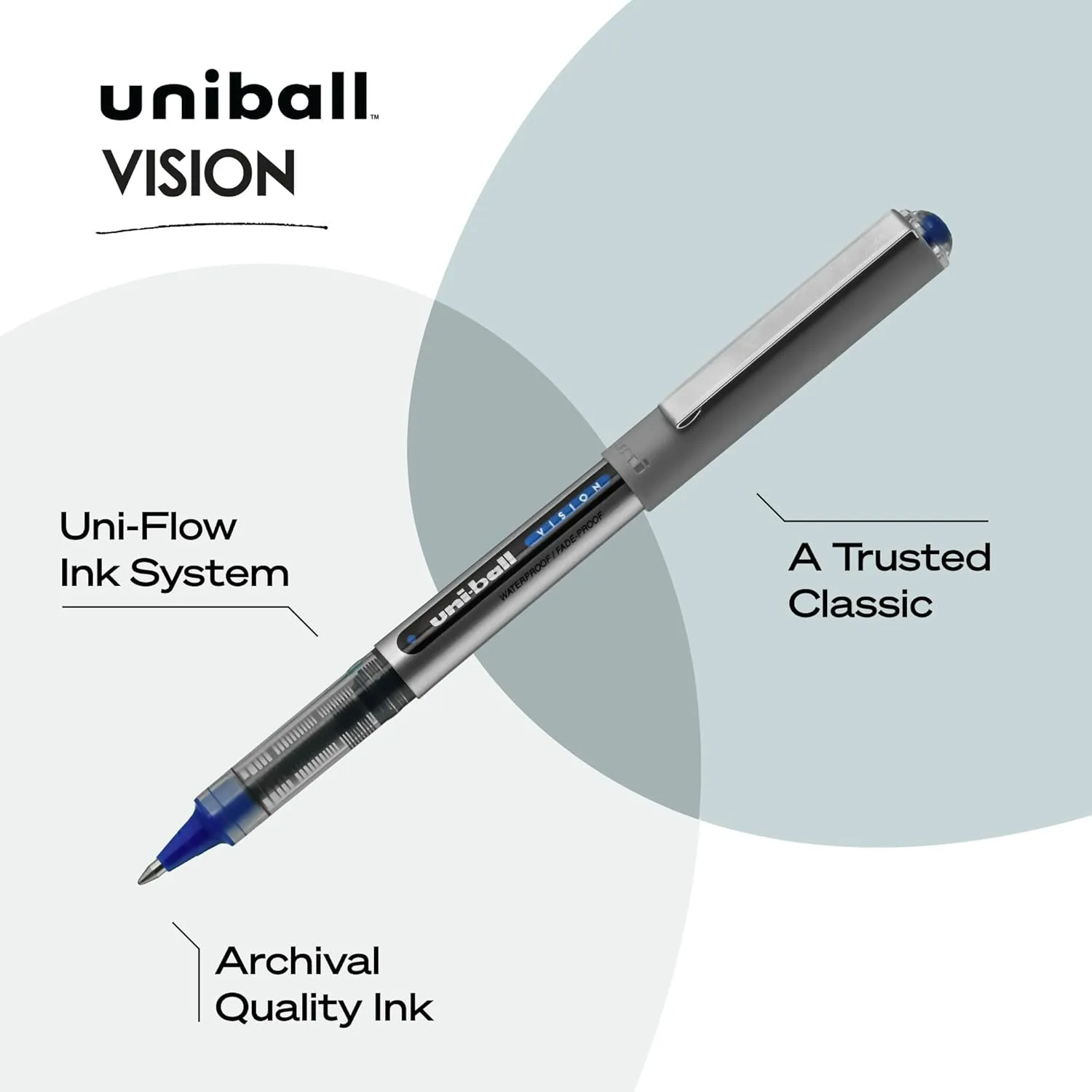 uni-ball Vision Rollerball Pens with 0.7mm Fine Point, Blue, 12 Count