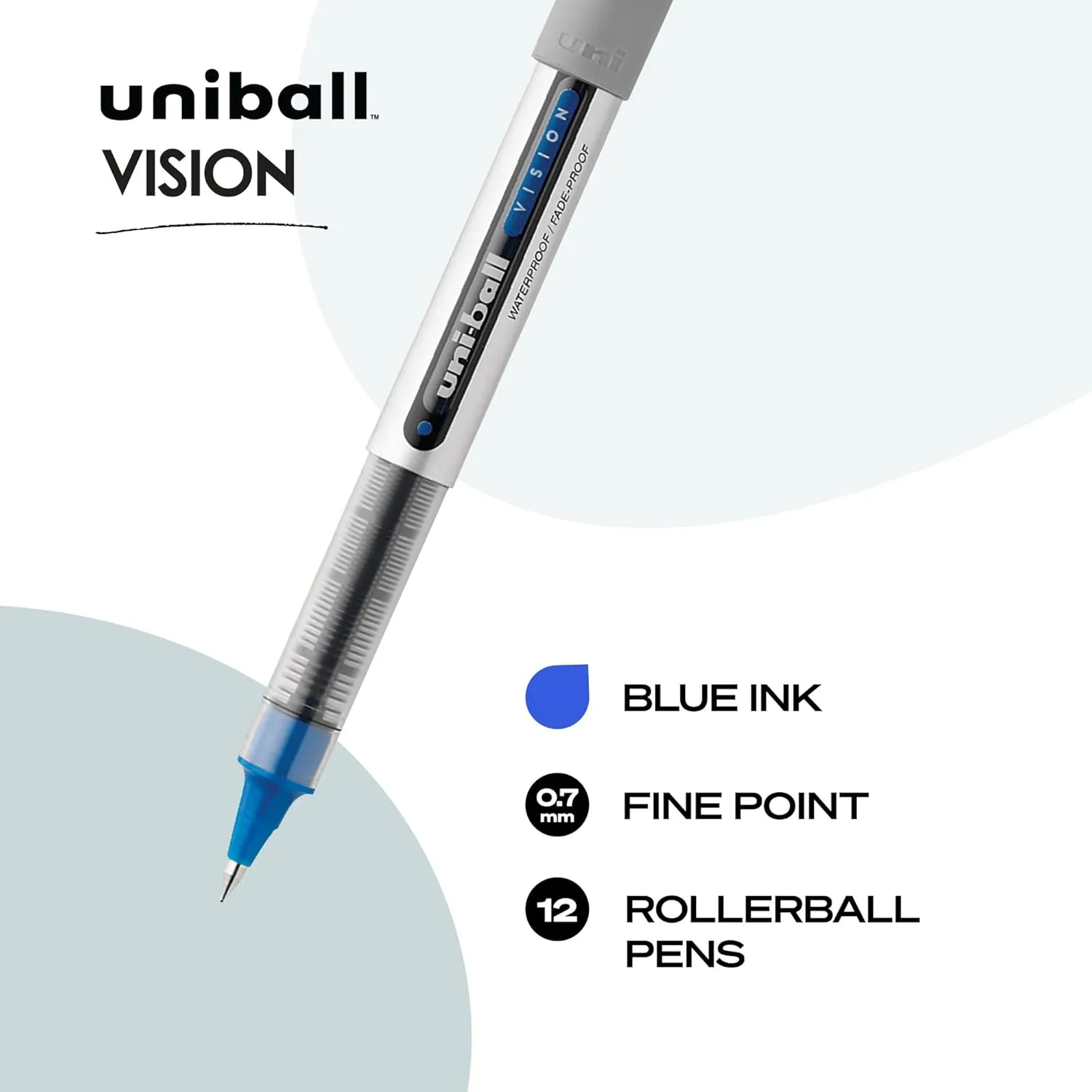 uni-ball Vision Rollerball Pens with 0.7mm Fine Point, Blue, 12 Count