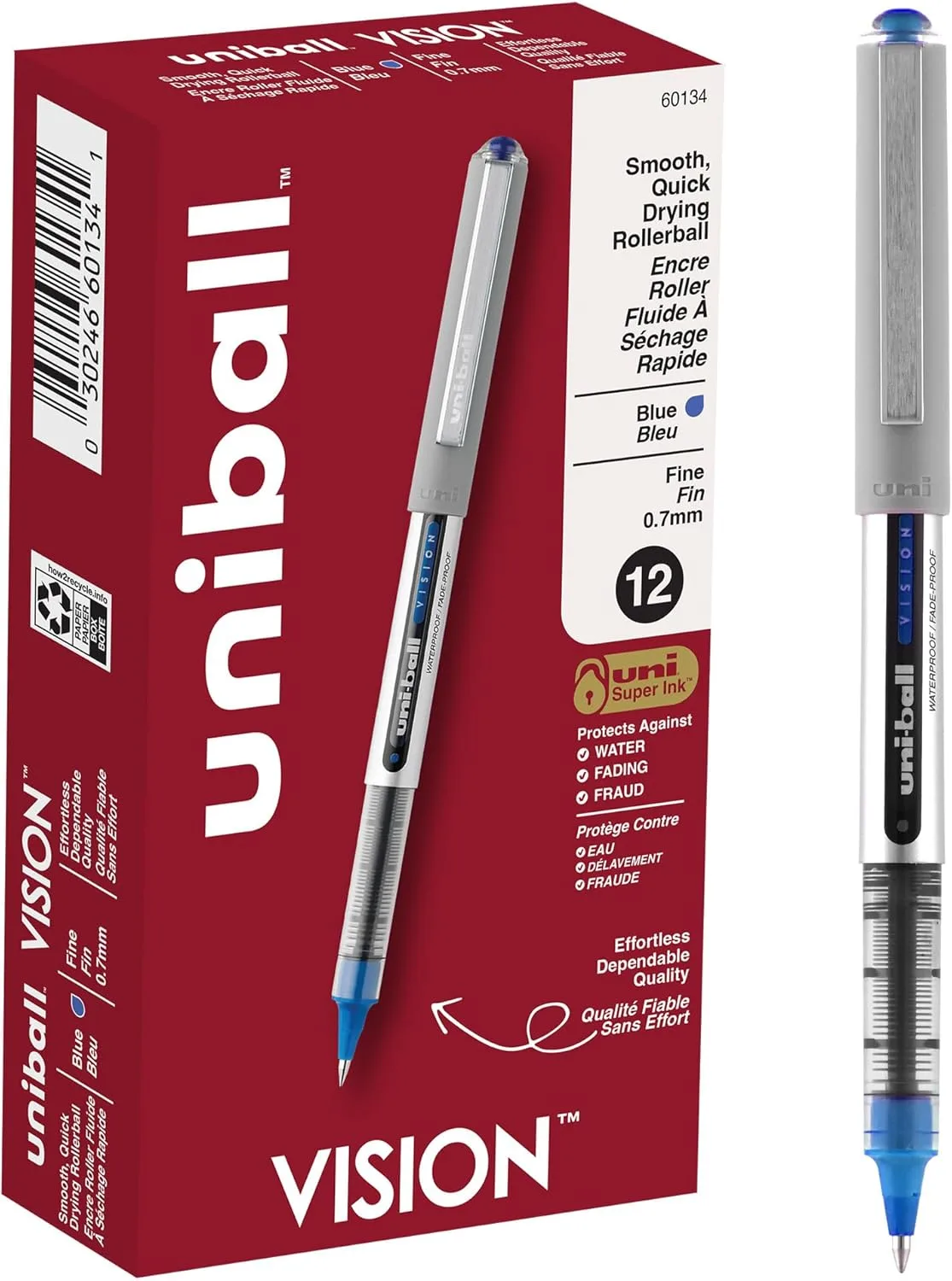 uni-ball Vision Rollerball Pens with 0.7mm Fine Point, Blue, 12 Count