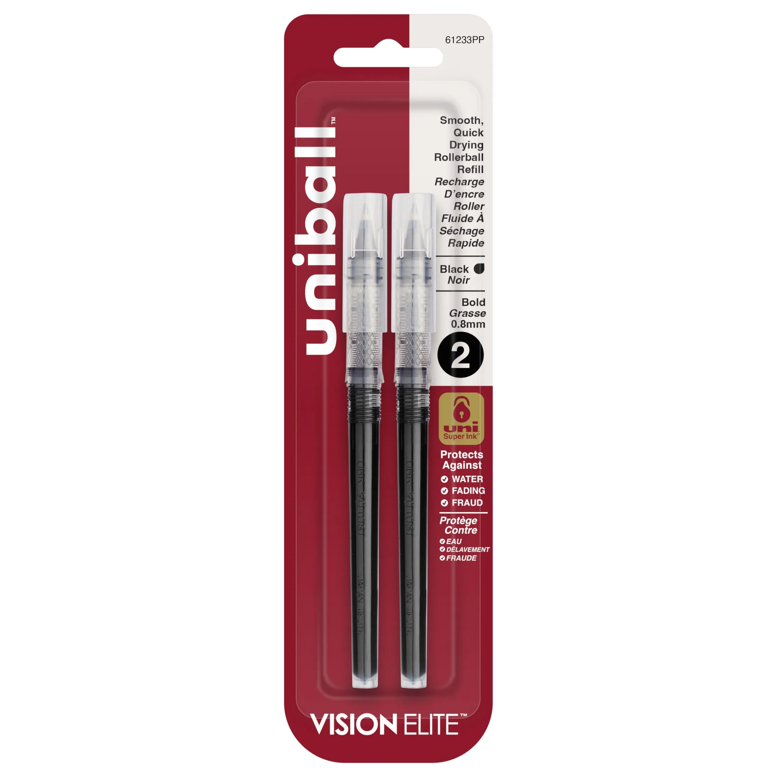 UNI-BALL Vision Elite Rollerball Pen Refills, Bold 0.8mm, Black, 2-Pack