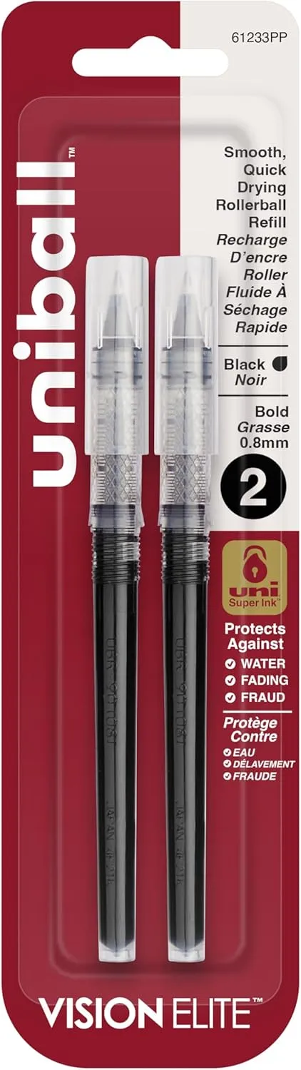 UNI-BALL Vision Elite Rollerball Pen Refills, Bold 0.8mm, Black, 2-Pack
