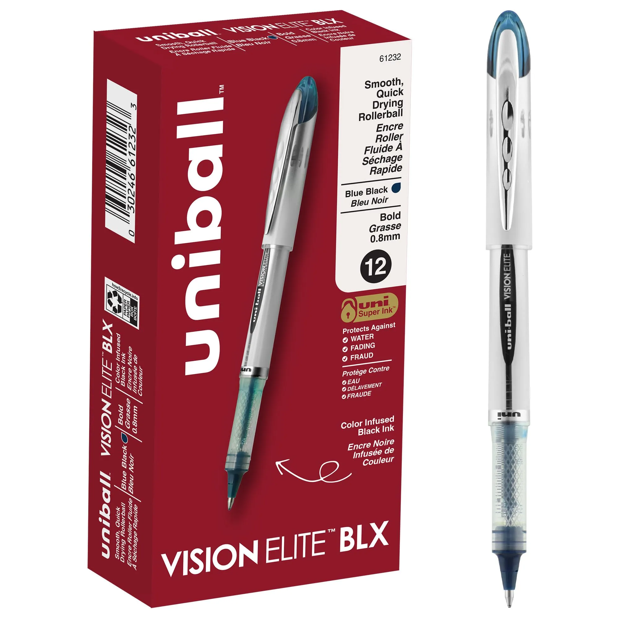 uni-ball Vision Elite Rollerball Pen, 0.8 mm, Blue-Black Ink, White Barrel