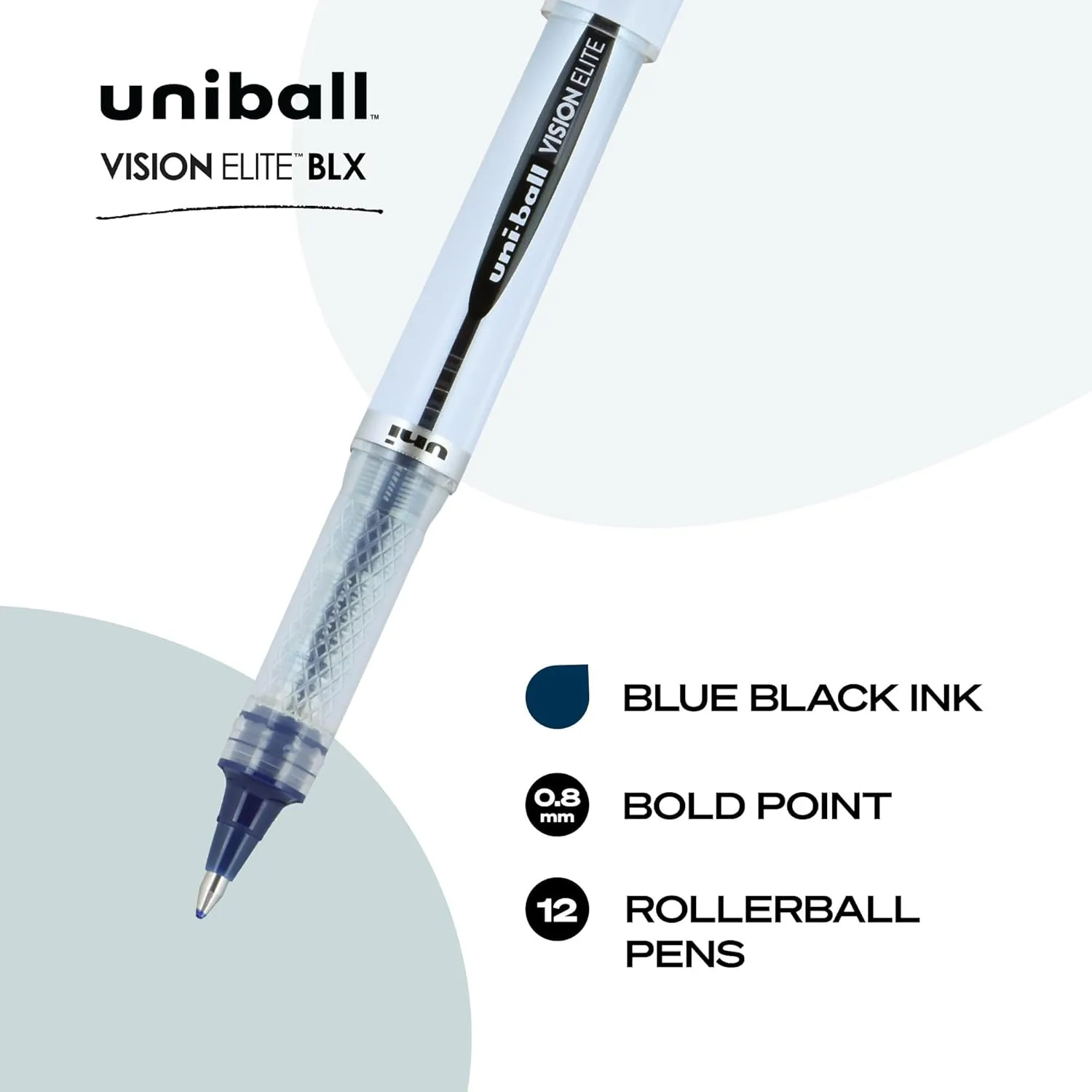 uni-ball Vision Elite Rollerball Pen, 0.8 mm, Blue-Black Ink, White Barrel