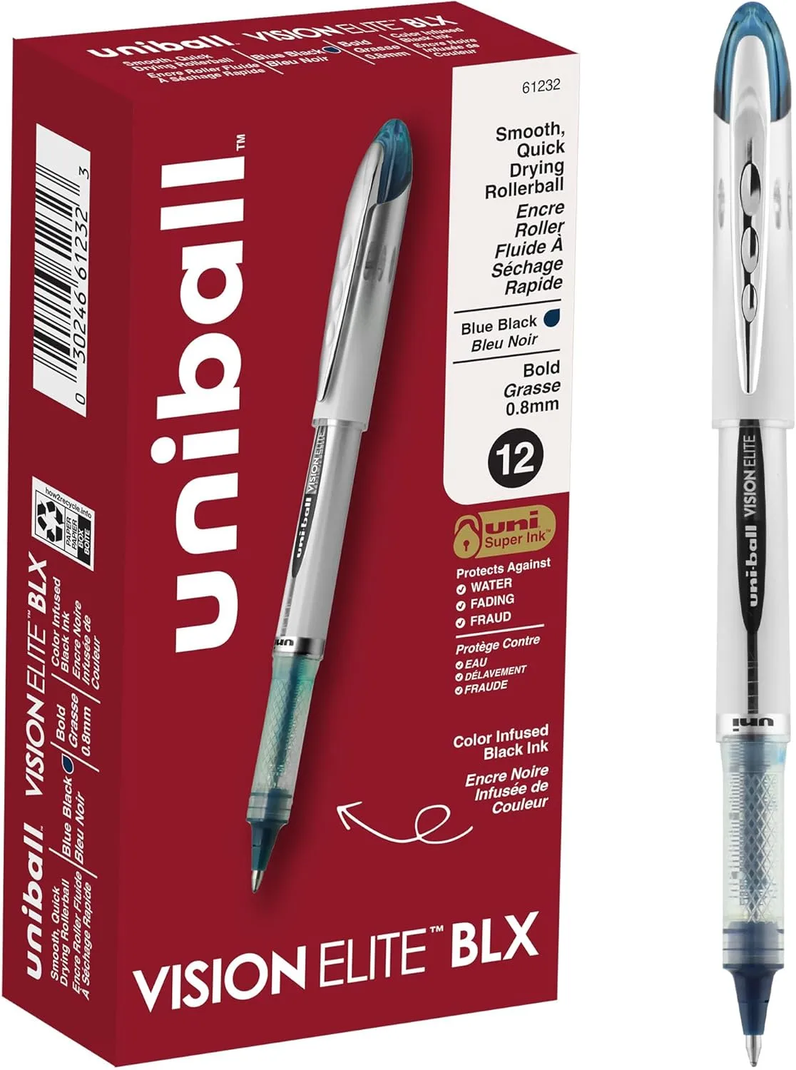 uni-ball Vision Elite Rollerball Pen, 0.8 mm, Blue-Black Ink, White Barrel