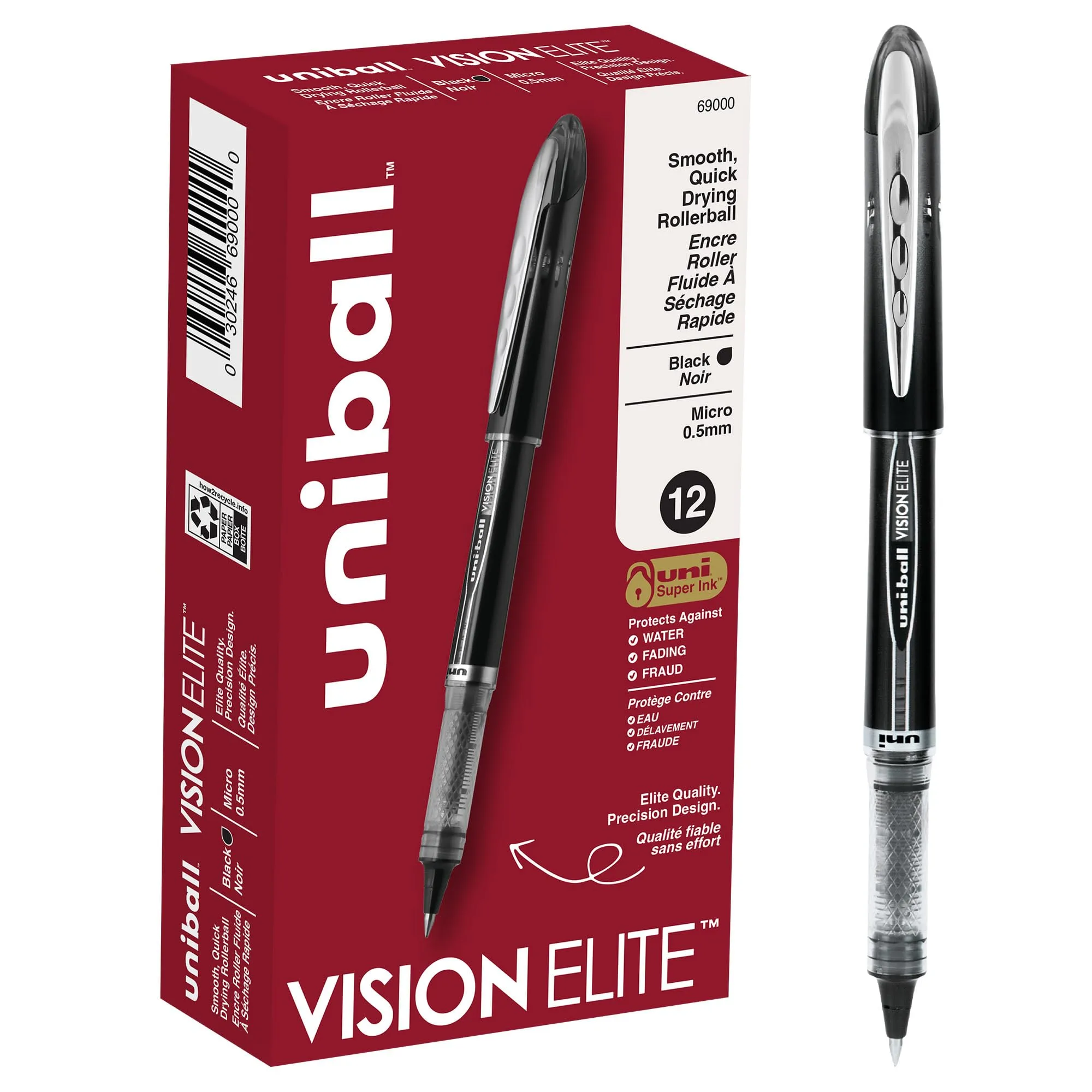 uni-ball Vision Elite Rollerball Pens Fine Point Micro Tip, 0.5mm, Black, 12 Pack