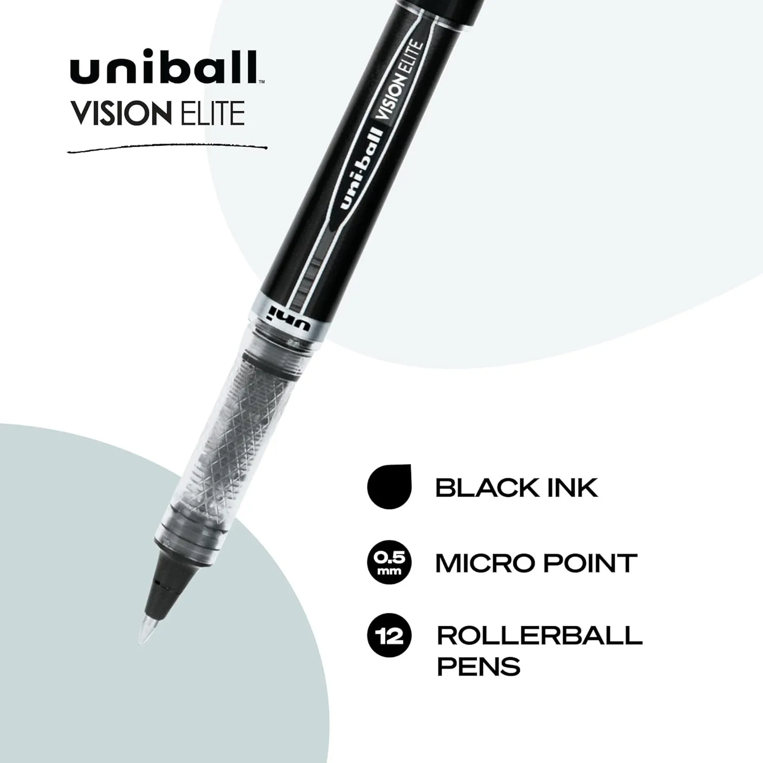 uni-ball Vision Elite Rollerball Pens Fine Point Micro Tip, 0.5mm, Black, 12 Pack