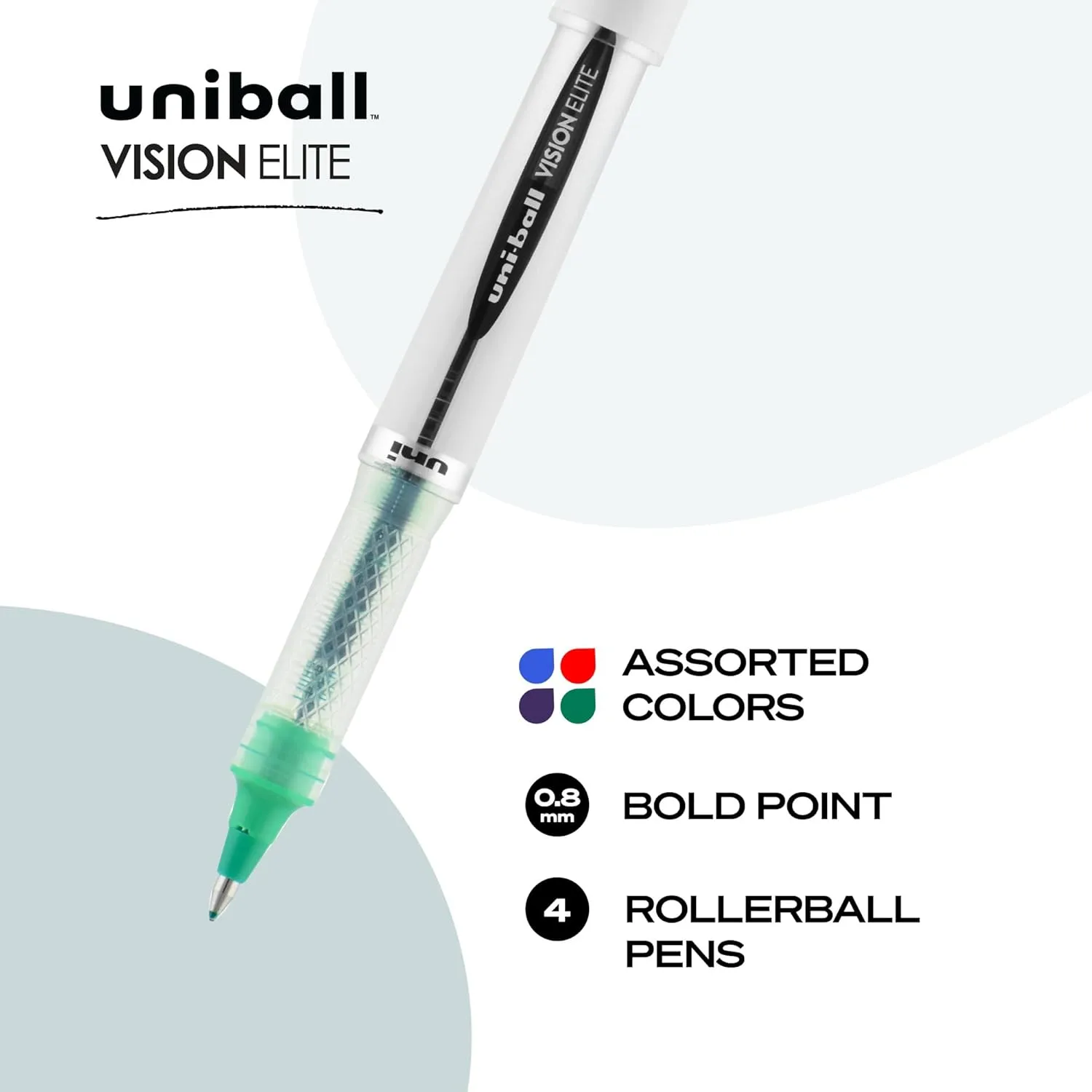 uni-ball uniball Vision Elite Rollerball Pens with 0.8mm Bold Point, Assorted, 4 Count