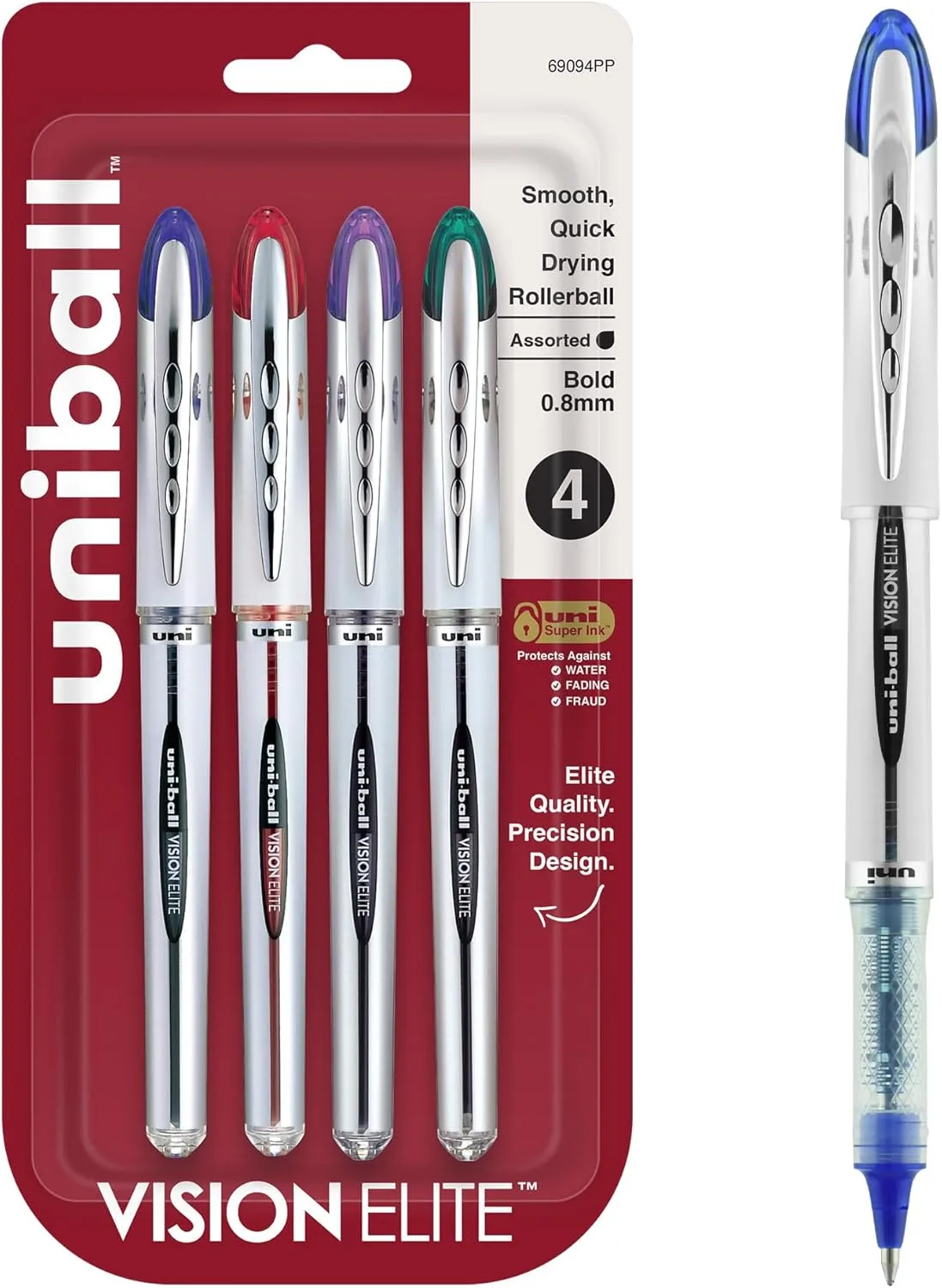 uni-ball uniball Vision Elite Rollerball Pens with 0.8mm Bold Point, Assorted, 4 Count