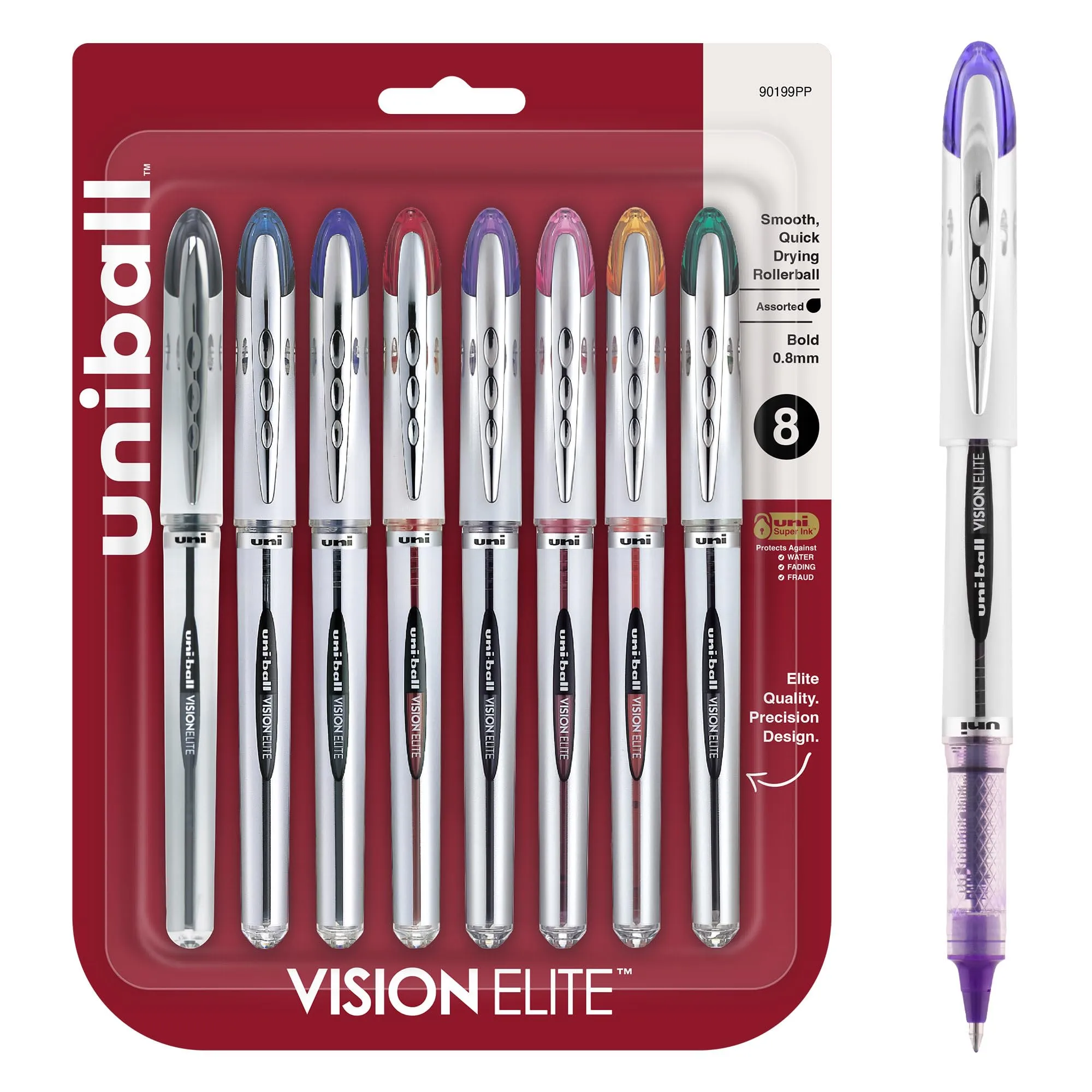 uni-ball® Vision™ Elite™ Liquid Ink Rollerball Pens, Bold Point, 0.8 mm, Black Barrel, Assorted Ink Colors, Pack Of 8