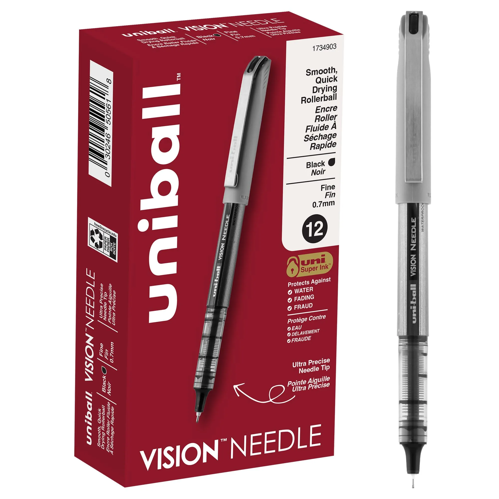 uniball Vision Needle Rollerball Pens, Fine Point (0.7mm), Black, 12 Pack