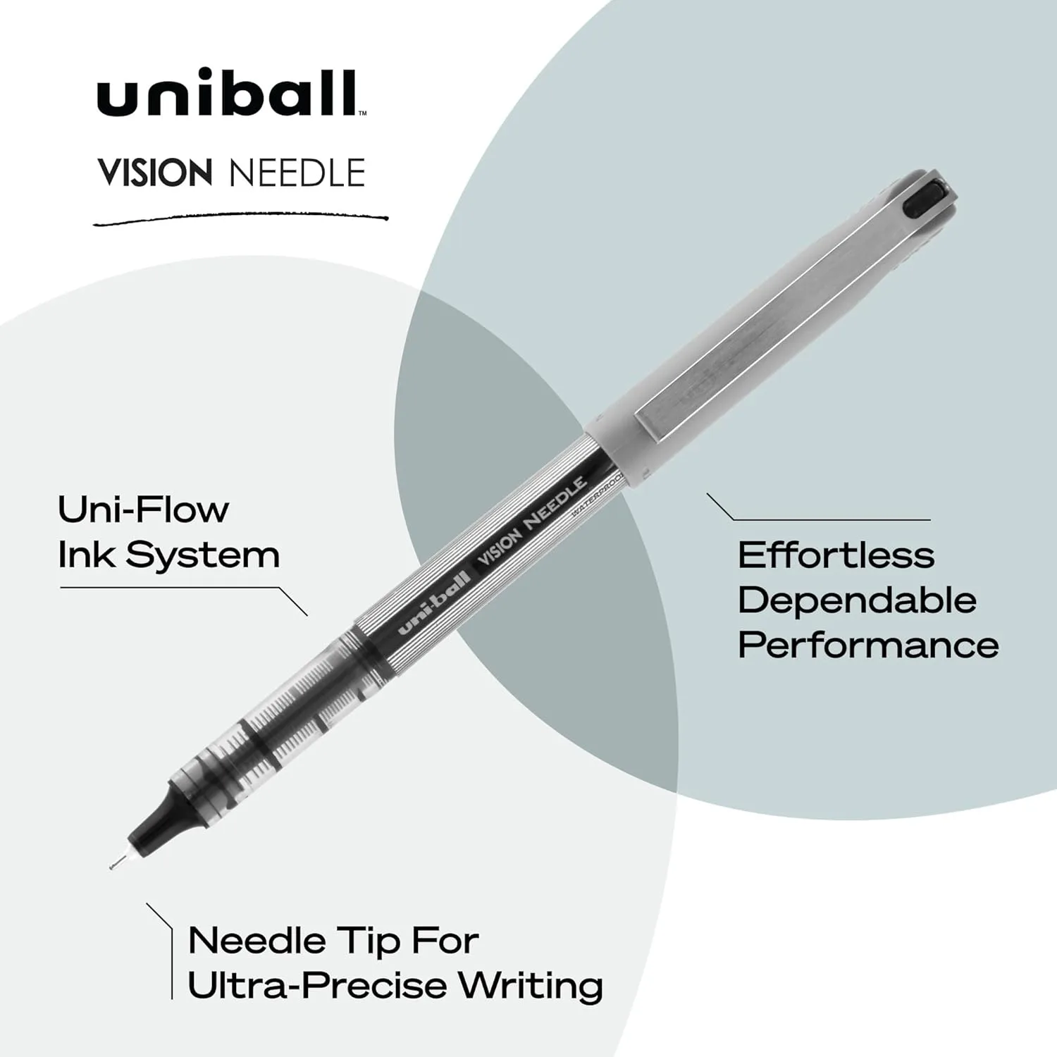 uni-ball Vision Rollerball Pens, 0.7 mm, Fine Point, Gray Barrel, Black Ink, Pack Of 12