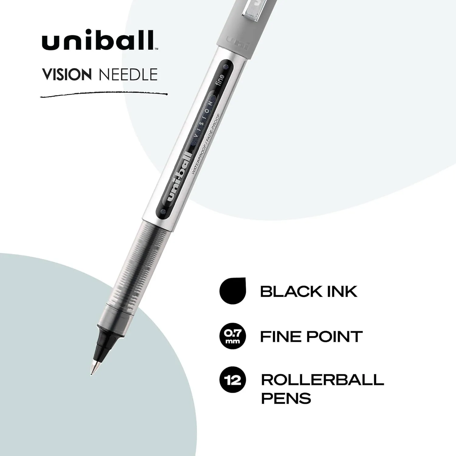 uniball Vision Needle Rollerball Pens, Fine Point (0.7mm), Black, 12 Pack