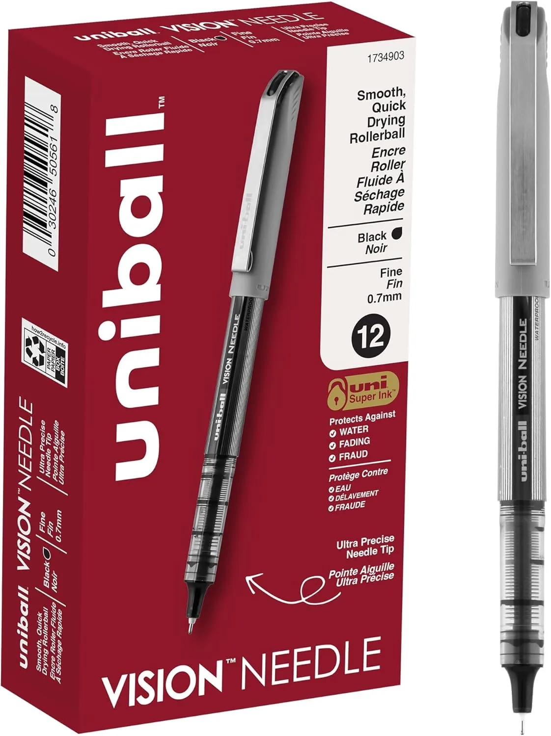 uniball Vision Needle Rollerball Pens, Fine Point (0.7mm), Black, 12 Pack