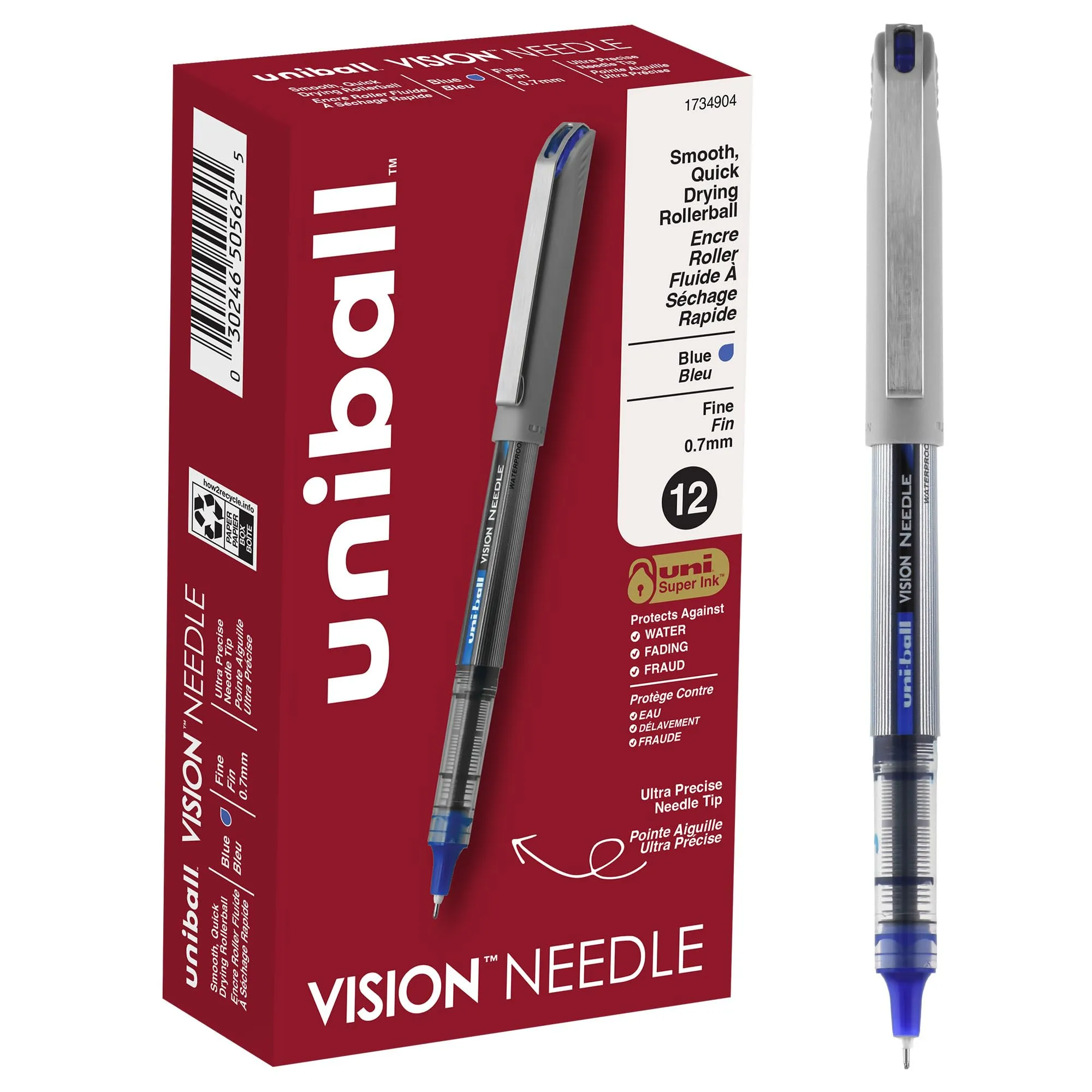 uni-ball Vision Needle Rollerball Pens with 0.7mm Fine Point, Blue, 12 Count