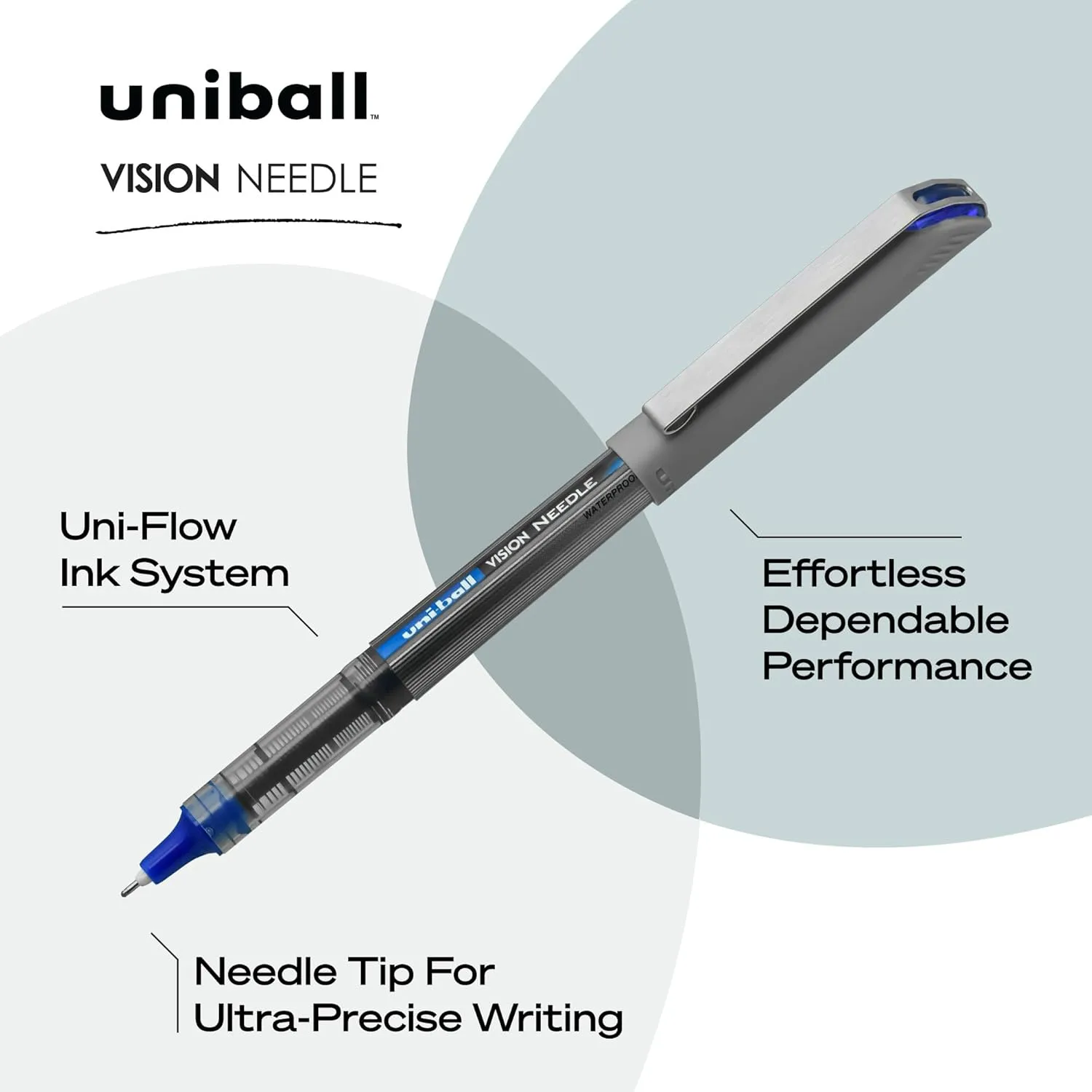 uni-ball Vision Needle Rollerball Pens with 0.7mm Fine Point, Blue, 12 Count