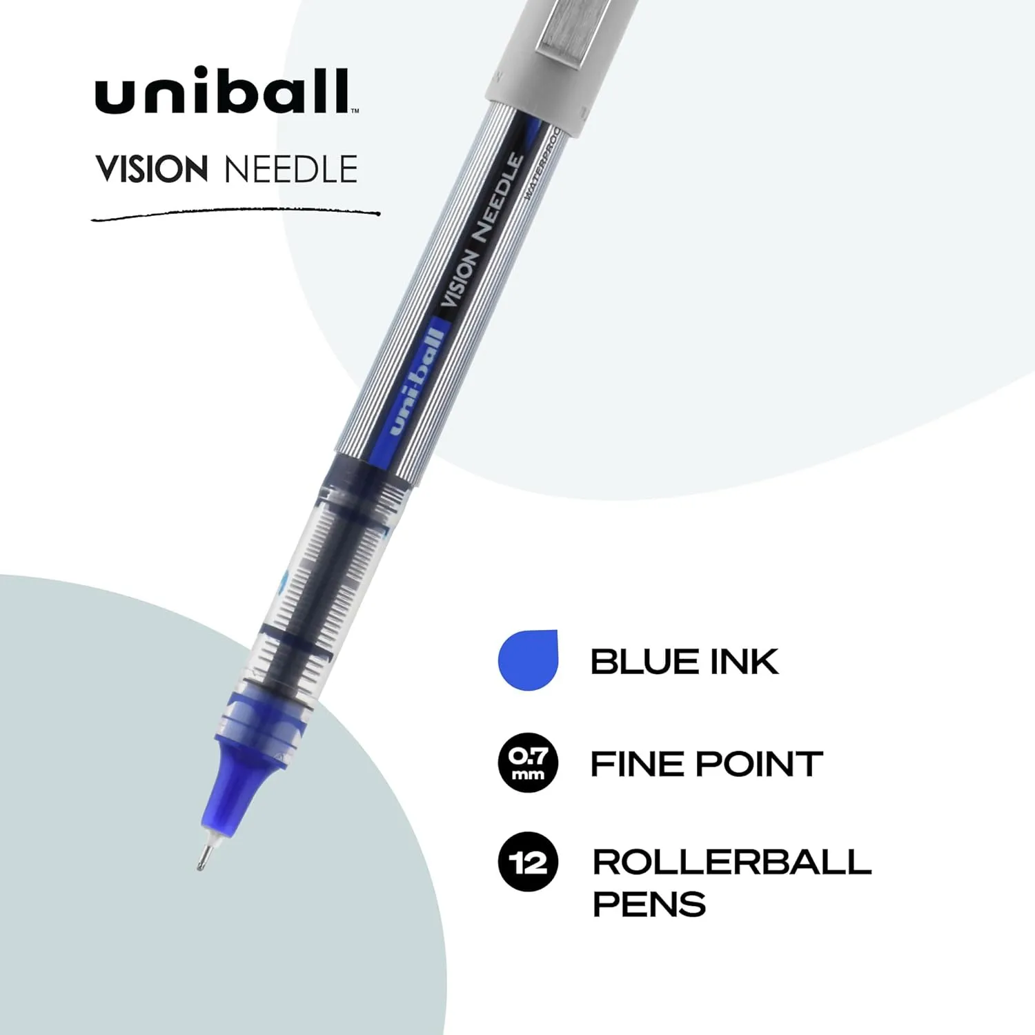 uni-ball Vision Needle Rollerball Pens with 0.7mm Fine Point, Blue, 12 Count