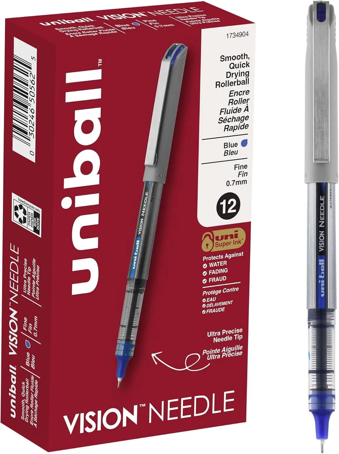 uni-ball Vision Needle Rollerball Pens with 0.7mm Fine Point, Blue, 12 Count