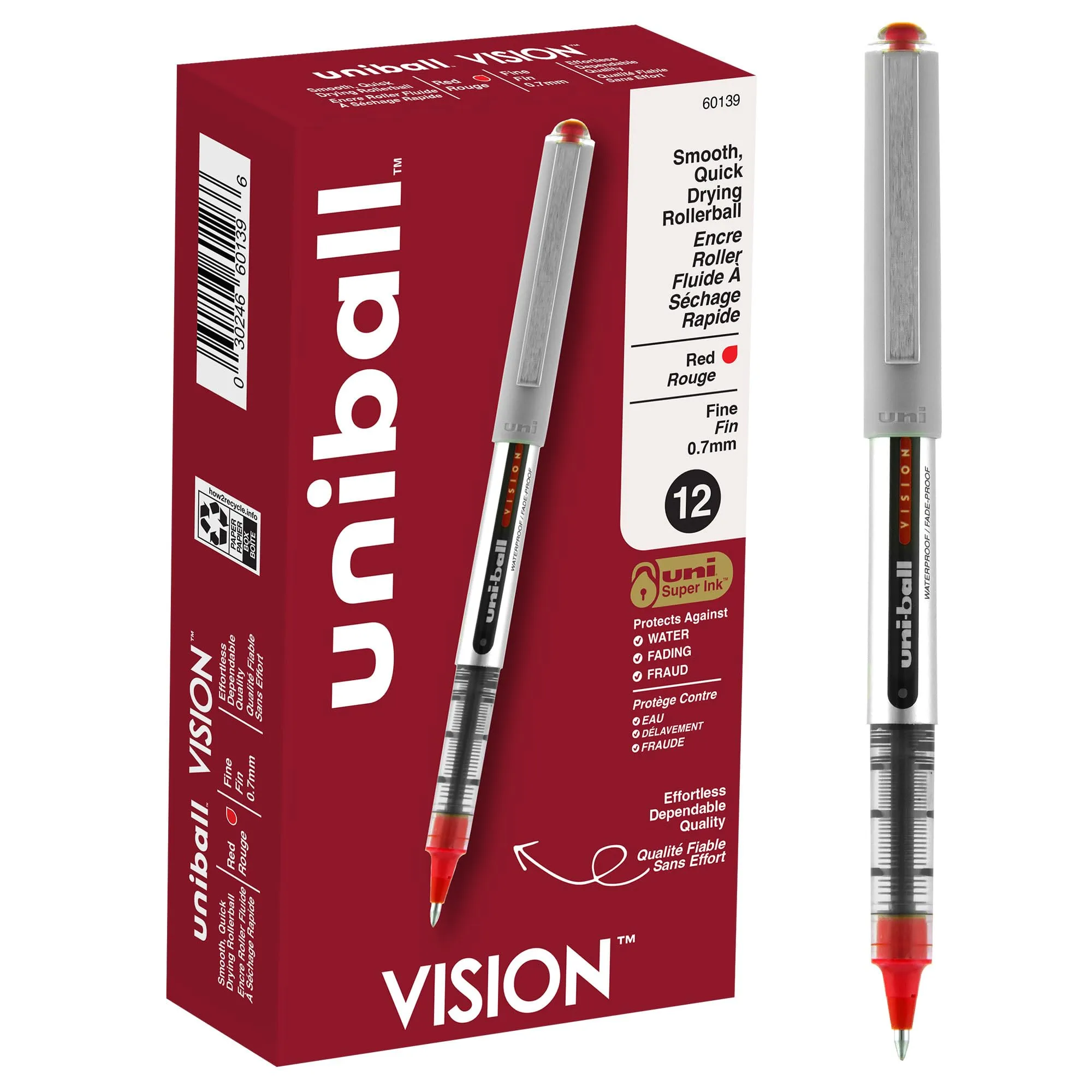 uni-ball Vision Rollerball Pens, 0.7mm Fine Point, Red Ink, Pack of 12
