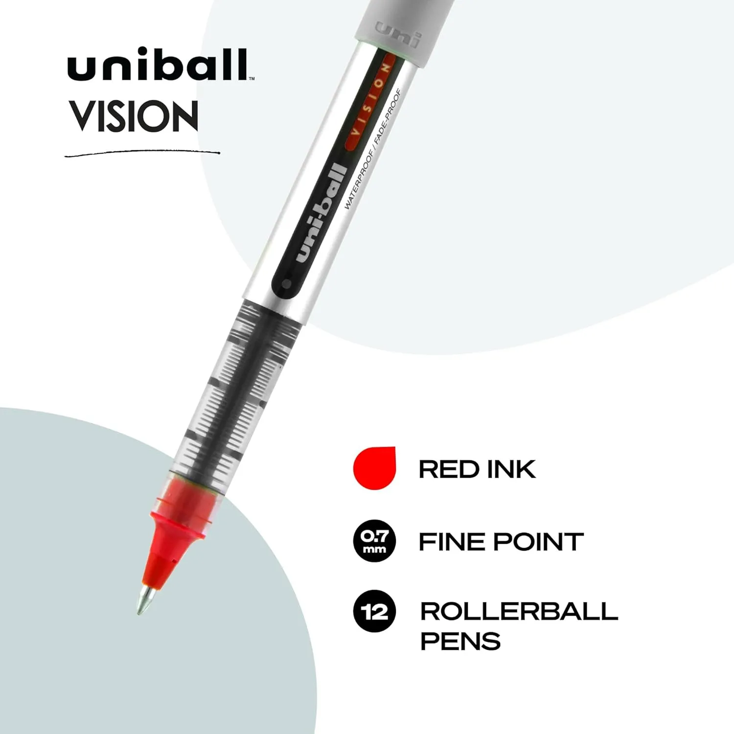 uni-ball Vision Rollerball Pens, 0.7mm Fine Point, Red Ink, Pack of 12