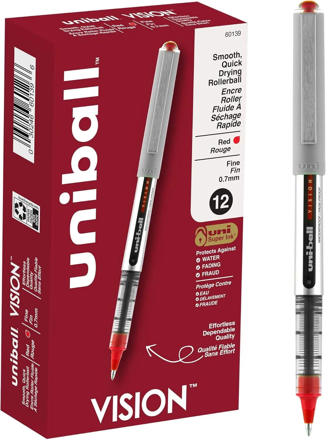 uni-ball Vision Rollerball Pens, 0.7mm Fine Point, Red Ink, Pack of 12